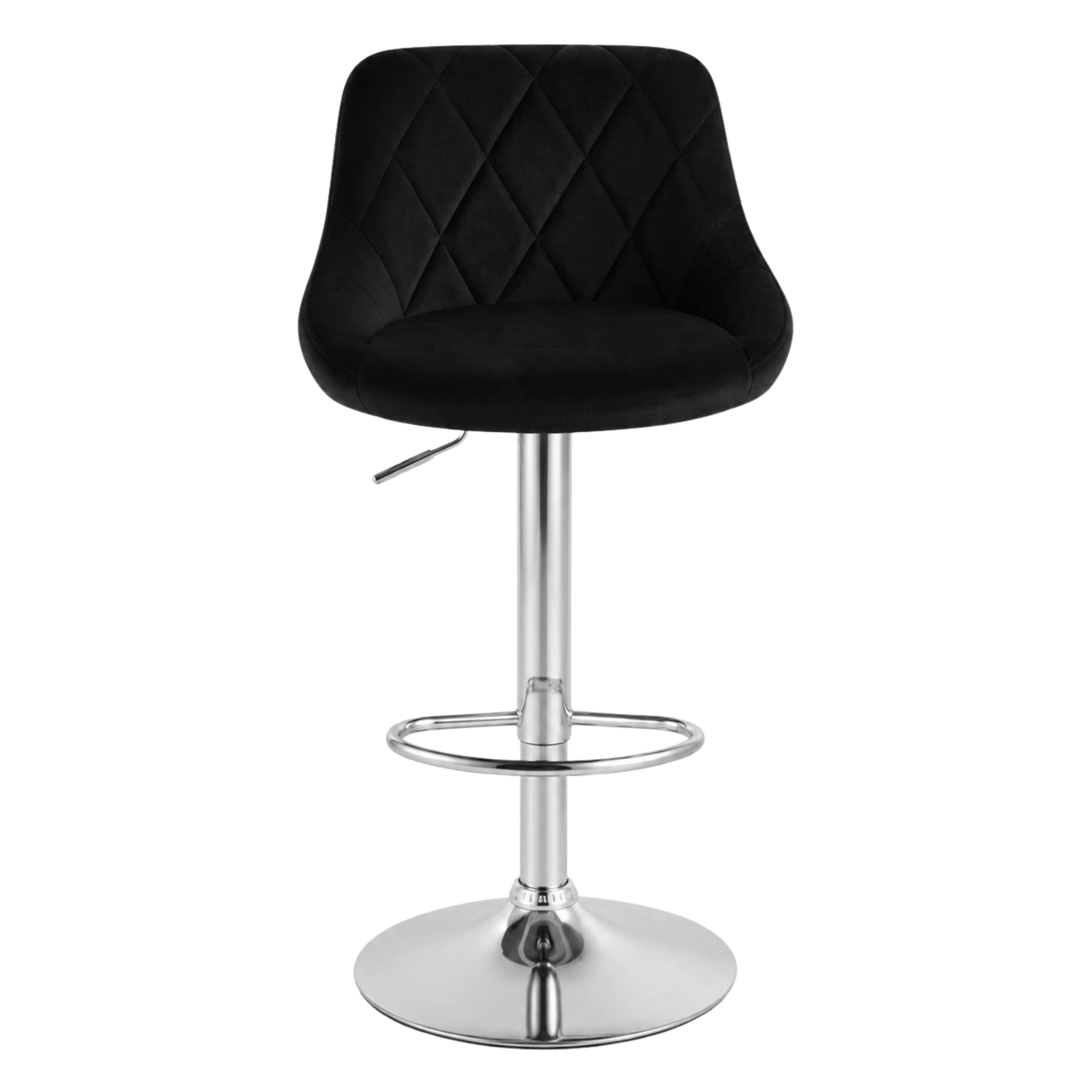 Taburete de bar negro con acolchado de diamantes y base cromada.