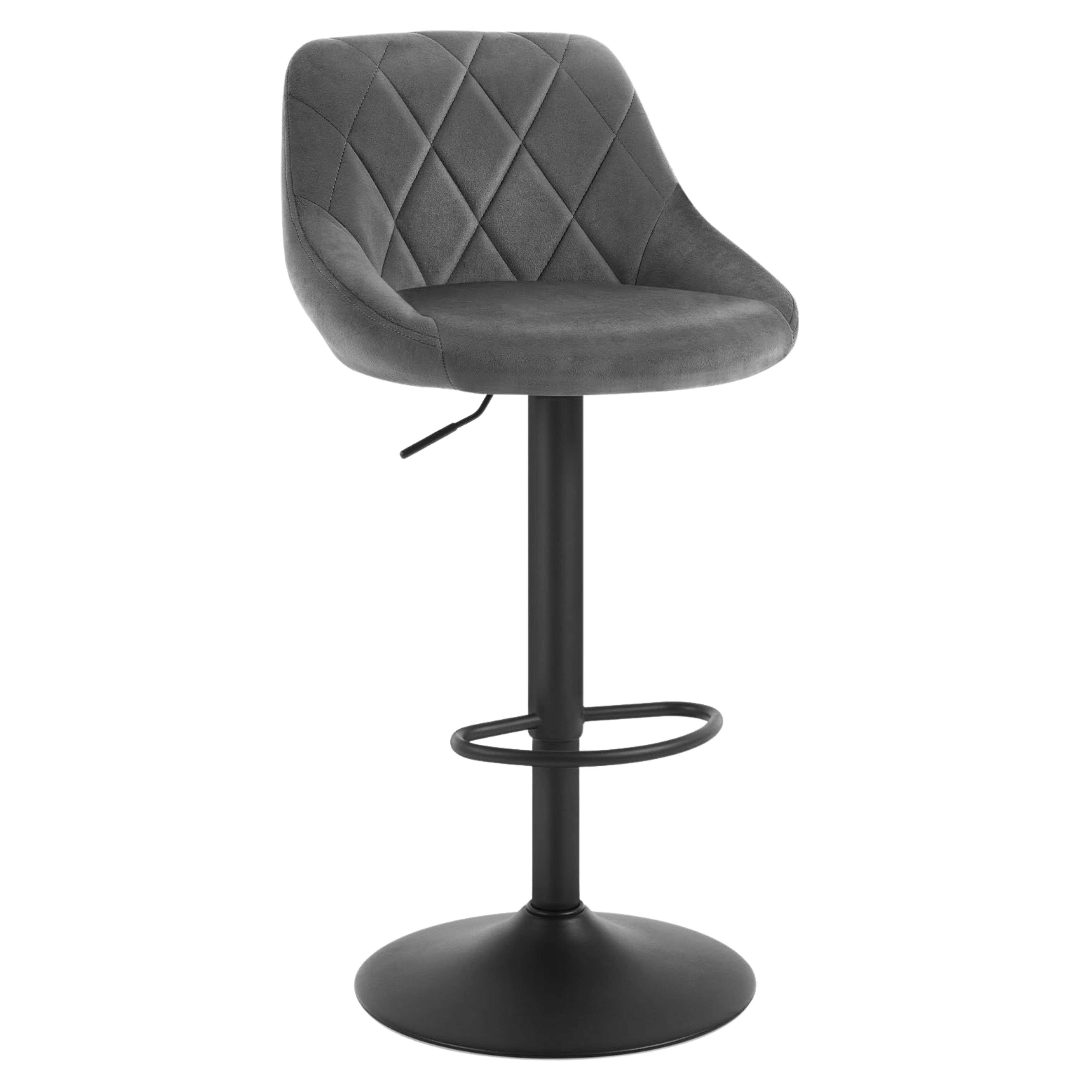 Taburete de bar gris con acolchado de diamantes, altura ajustable, base negra.