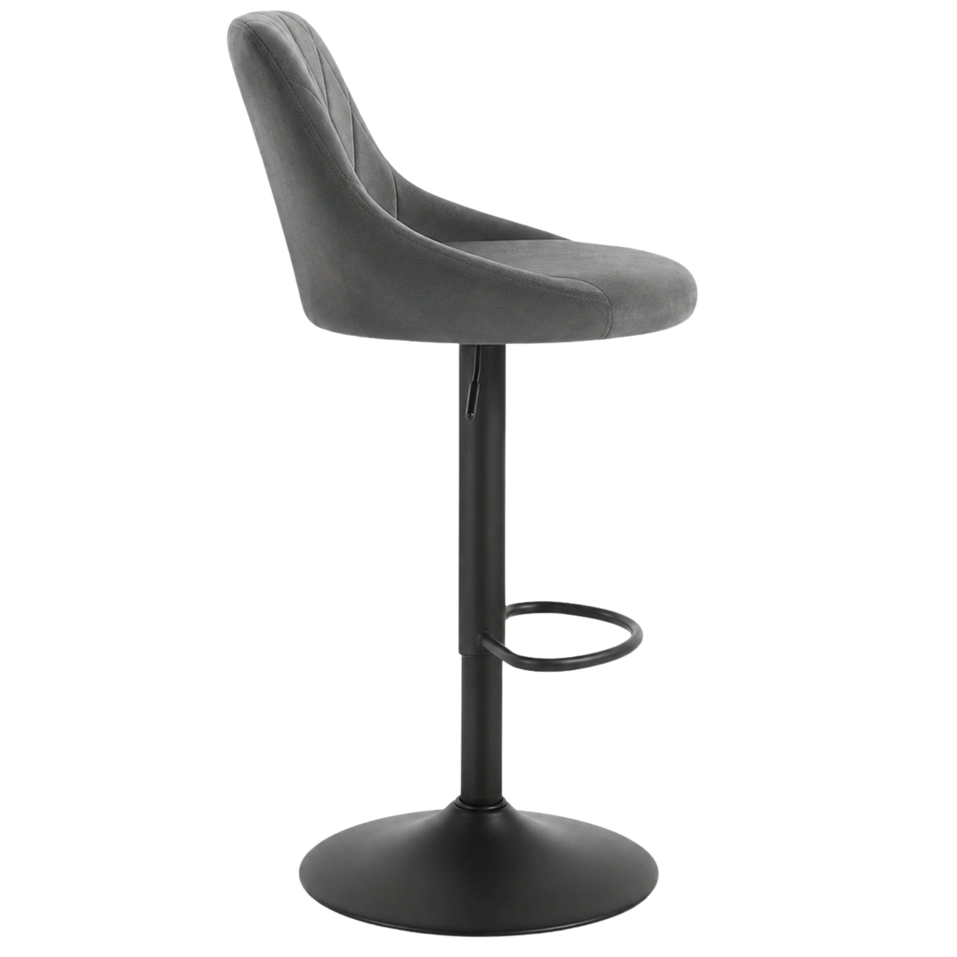 Taburete de bar gris con base de metal negro y anillo reposapiés.