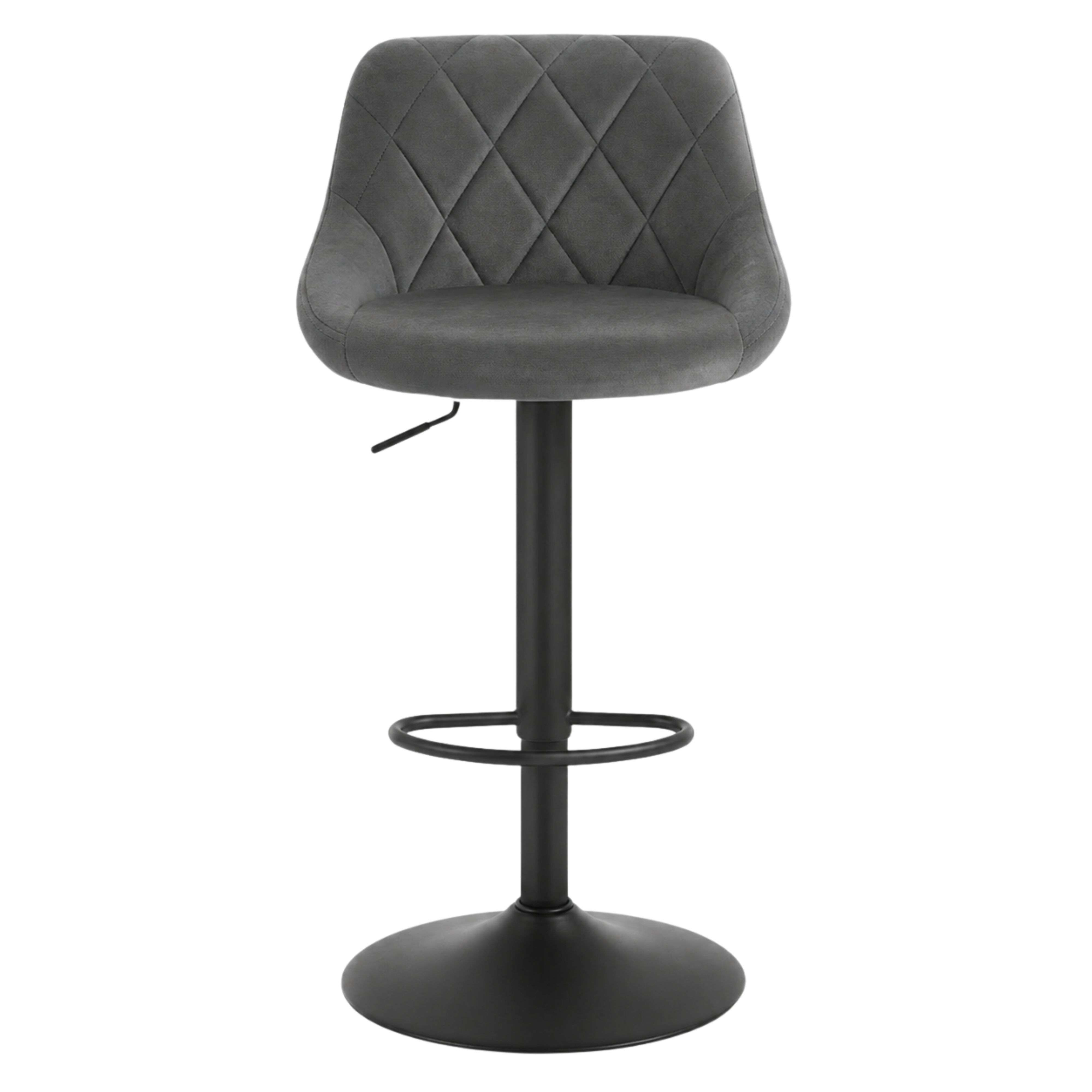 Taburete de bar gris con patrón de diamantes y base de metal negra.