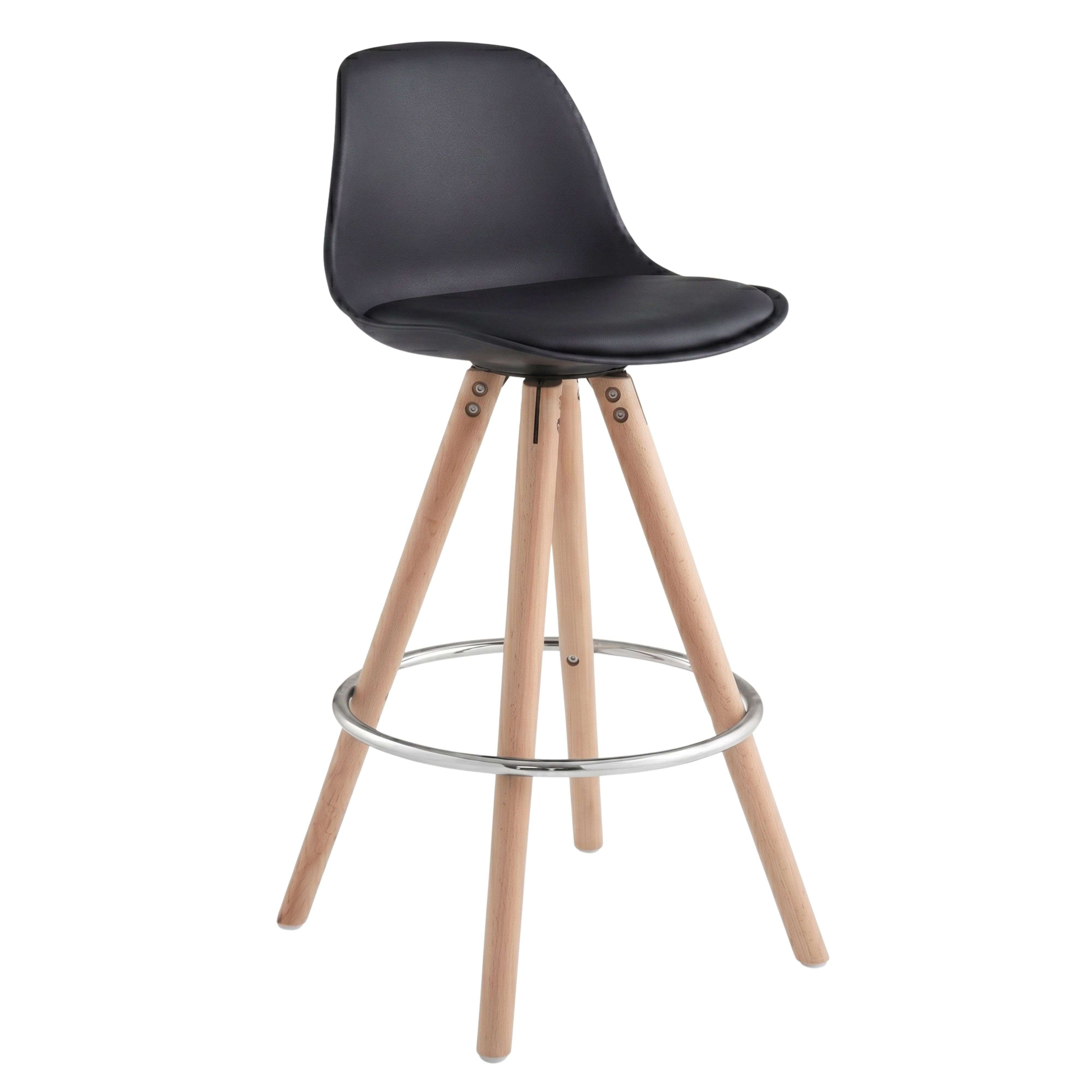 Un taburete de bar negro con patas de madera y un anillo plateado.