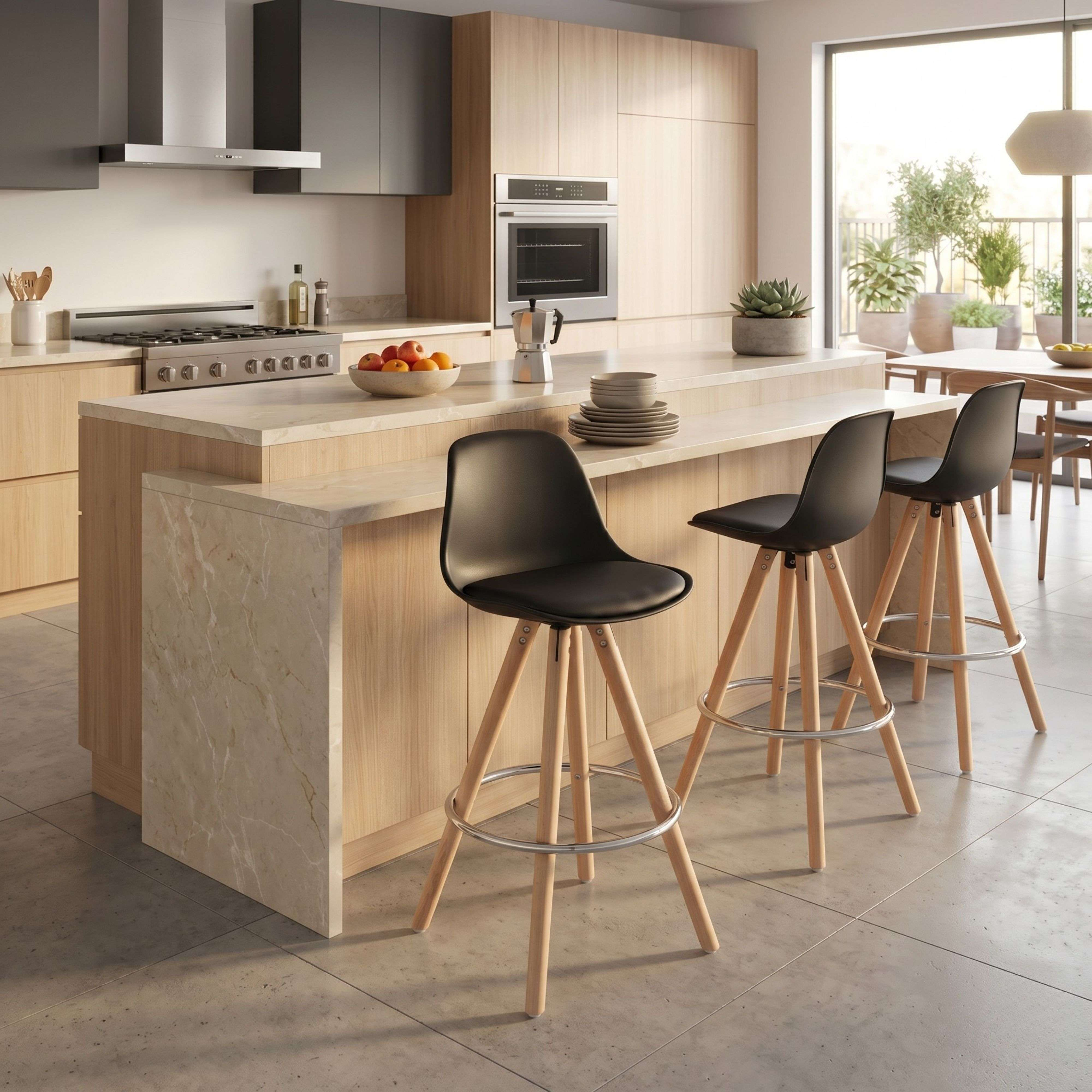 Cocina moderna con isla, taburetes, estufa y horno.