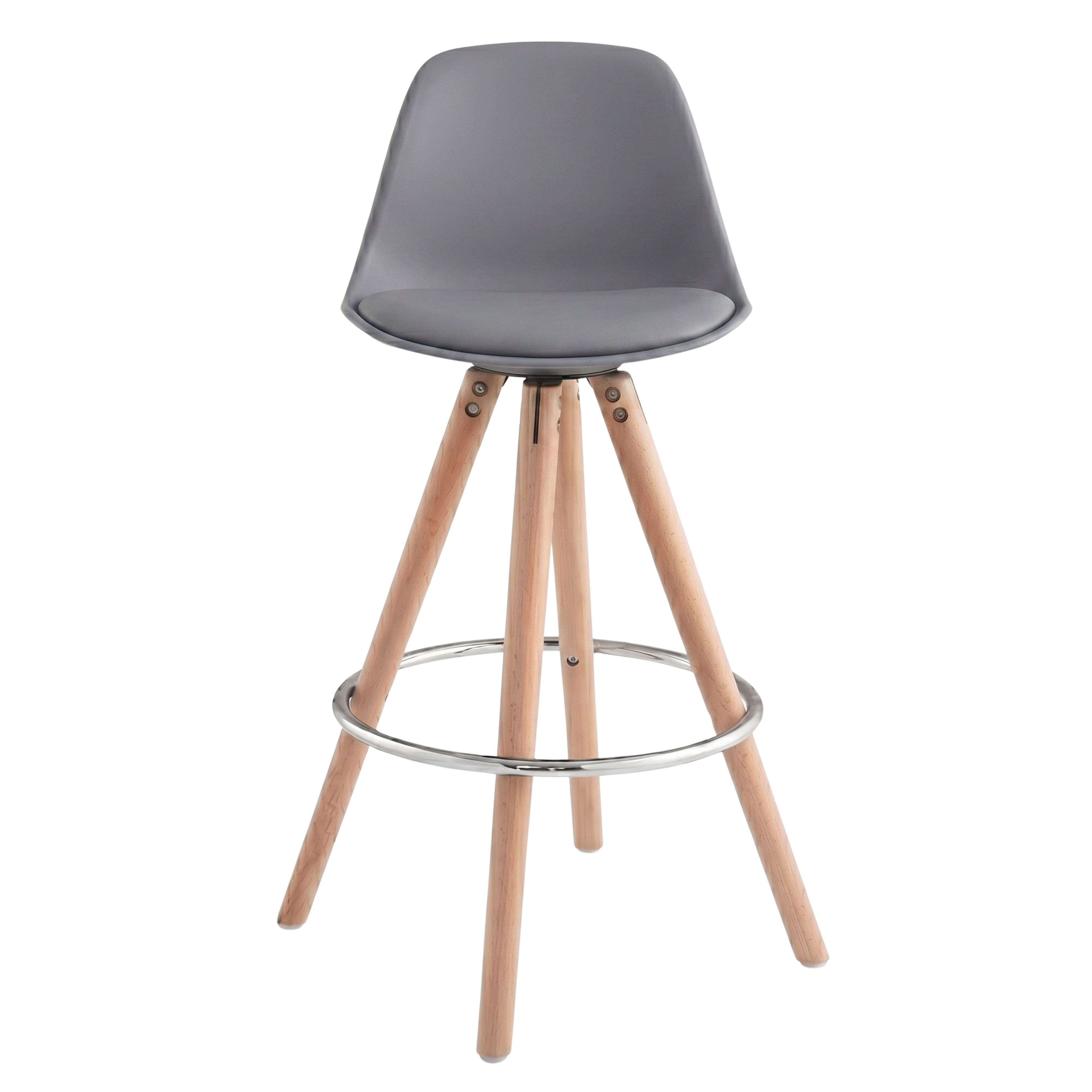 Taburete de bar gris con patas de madera y reposapiés metálico.