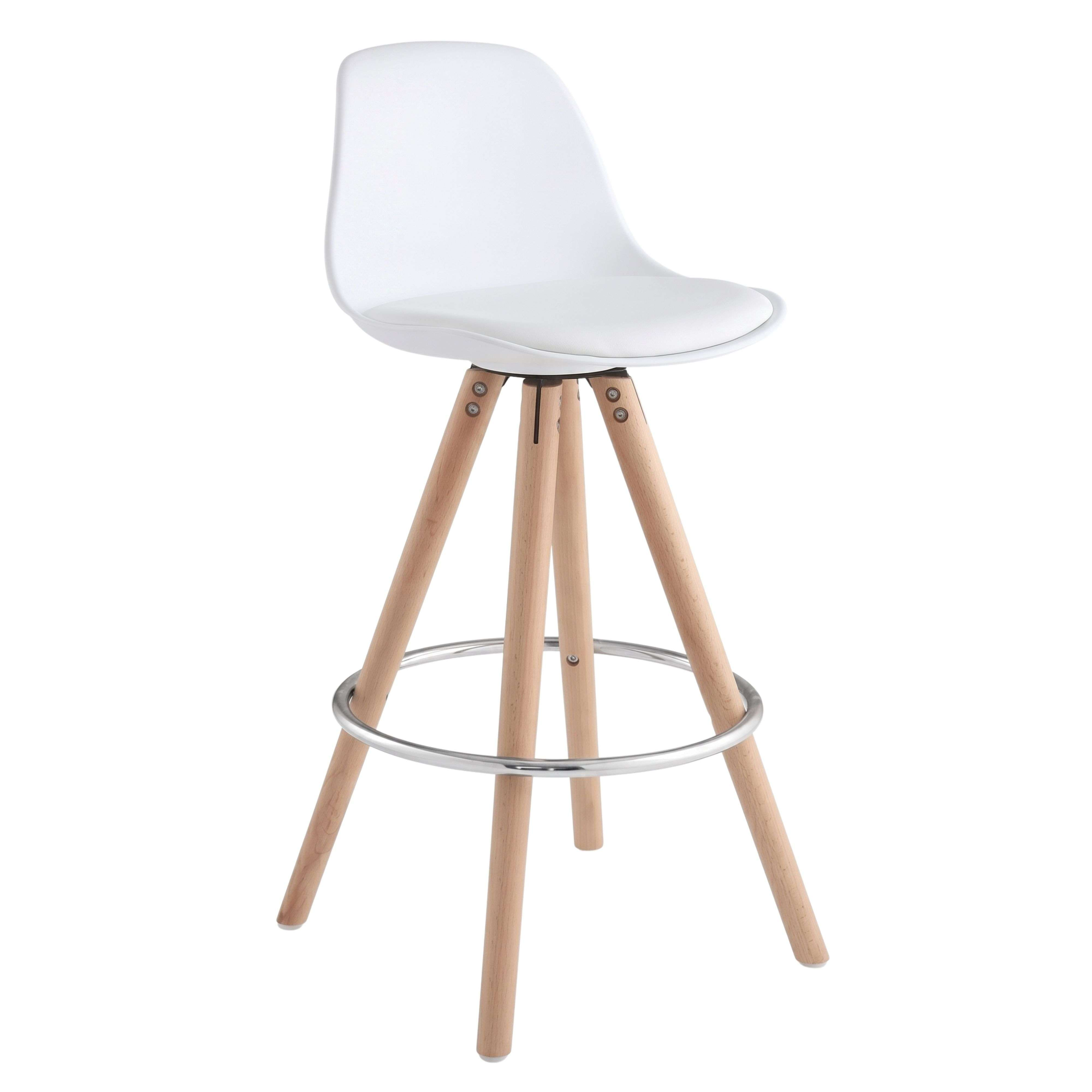 Taburete blanco con patas de madera y aro metálico.