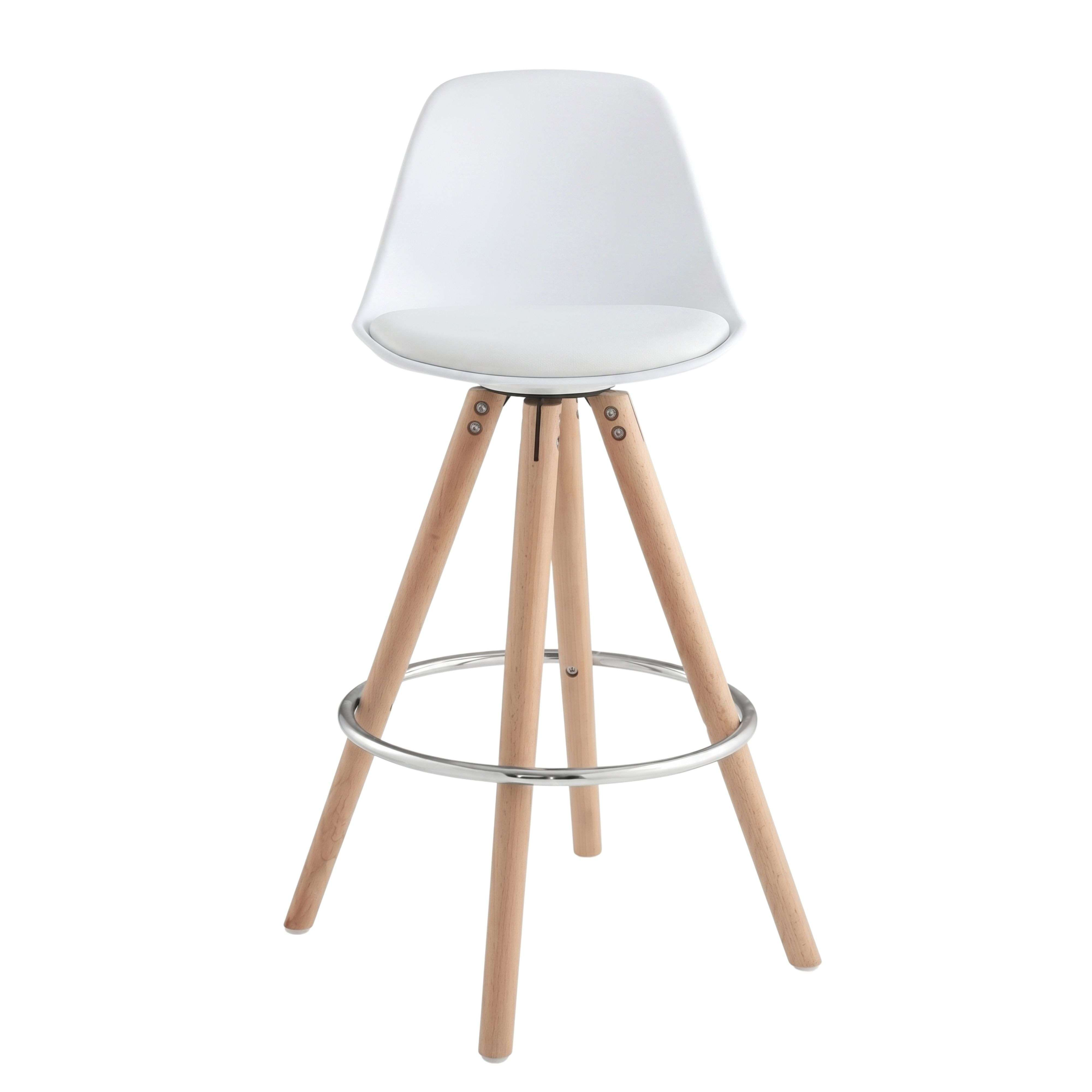 Taburete alto blanco con patas de madera y reposapiés metálico.