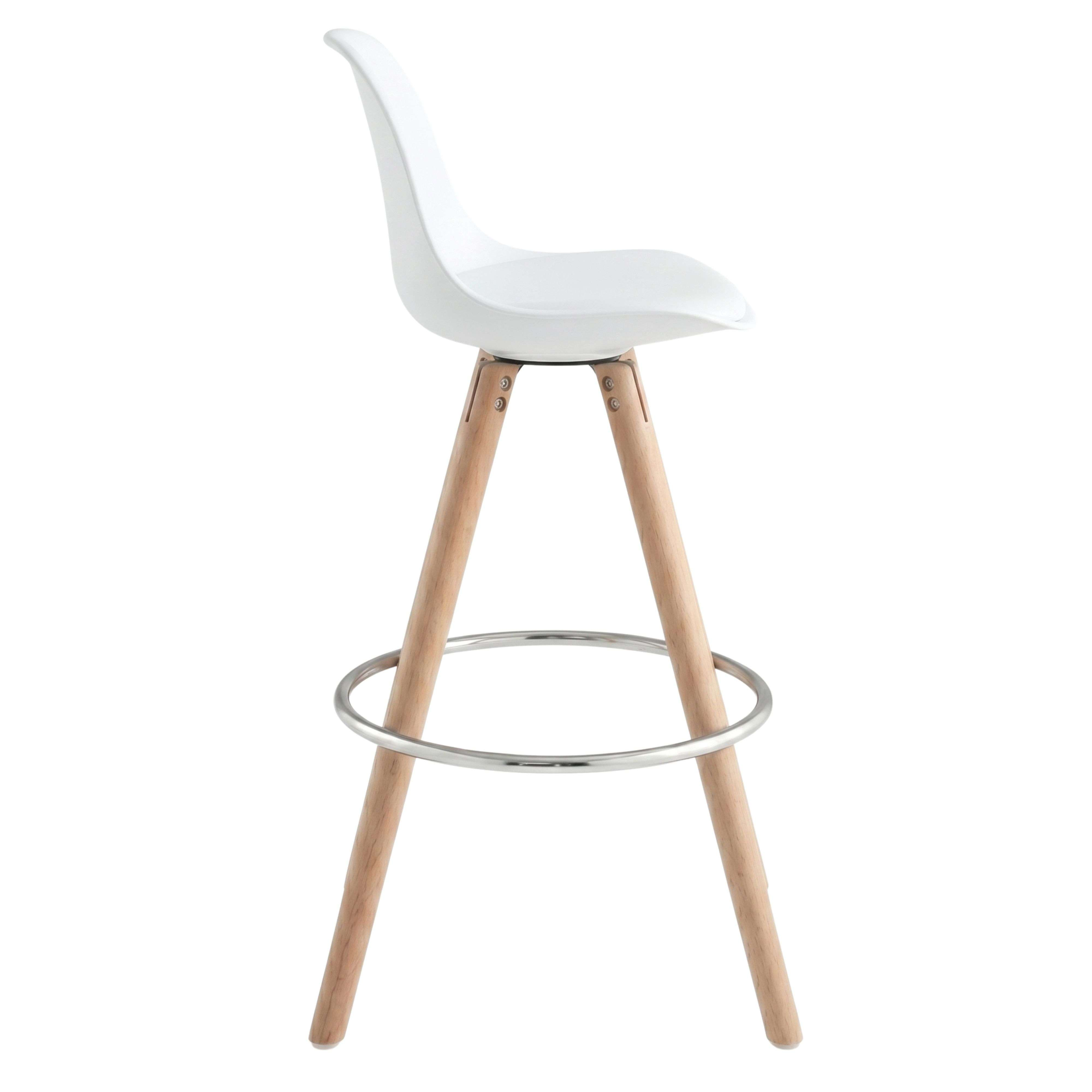 Un taburete de bar blanco con patas de madera y un anillo metálico.