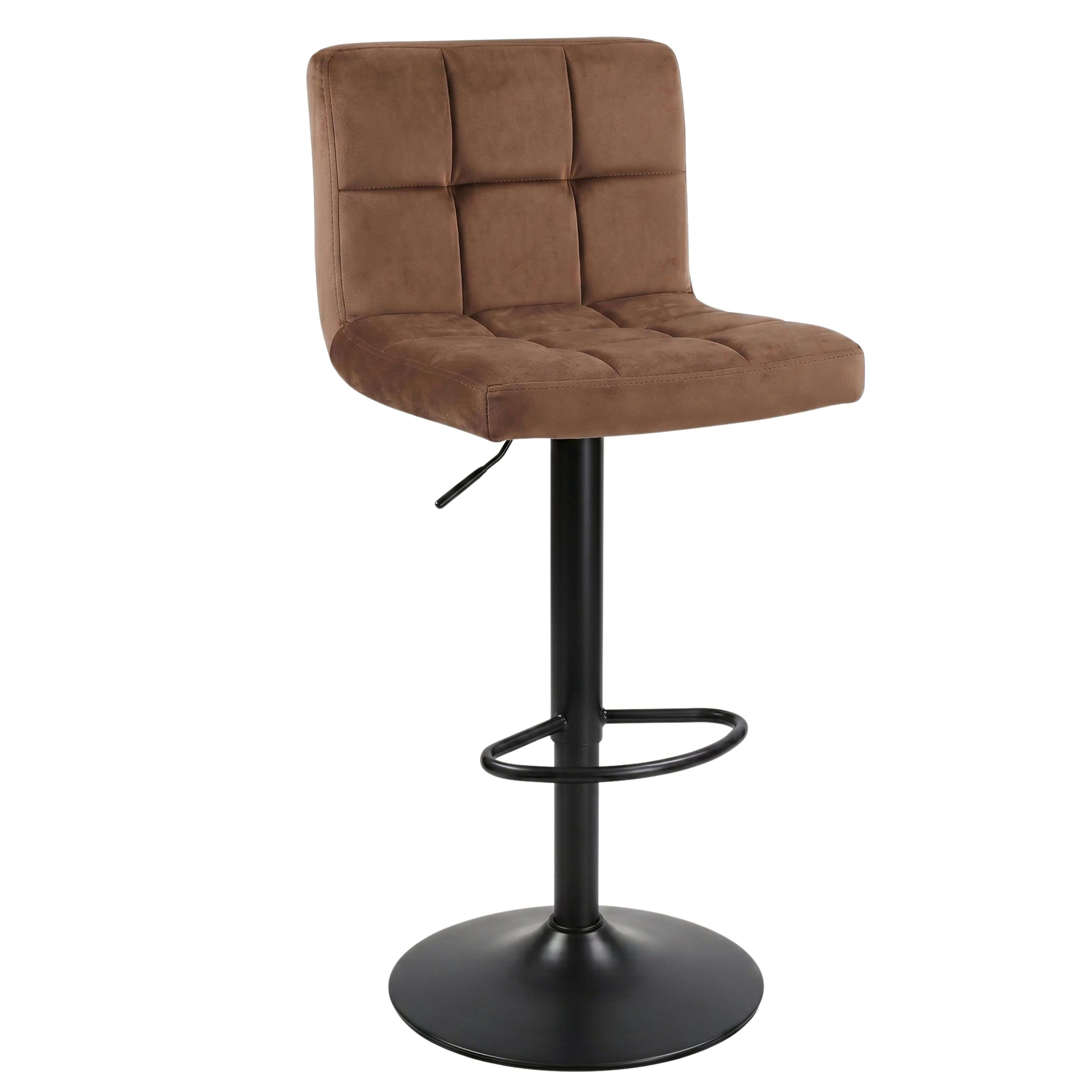 Un taburete de bar marrón con base de metal negra y palanca ajustable.