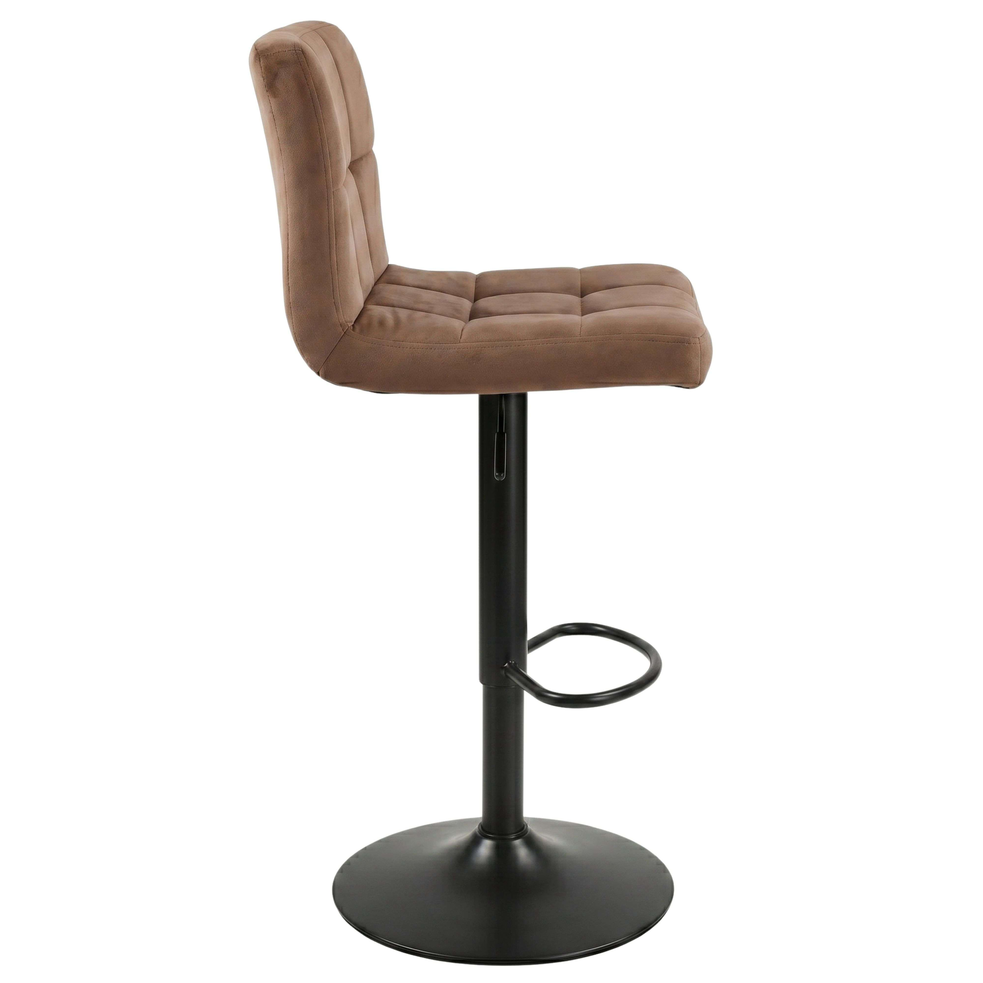 Taburete de bar marrón con asiento y respaldo acolchados, base negra.