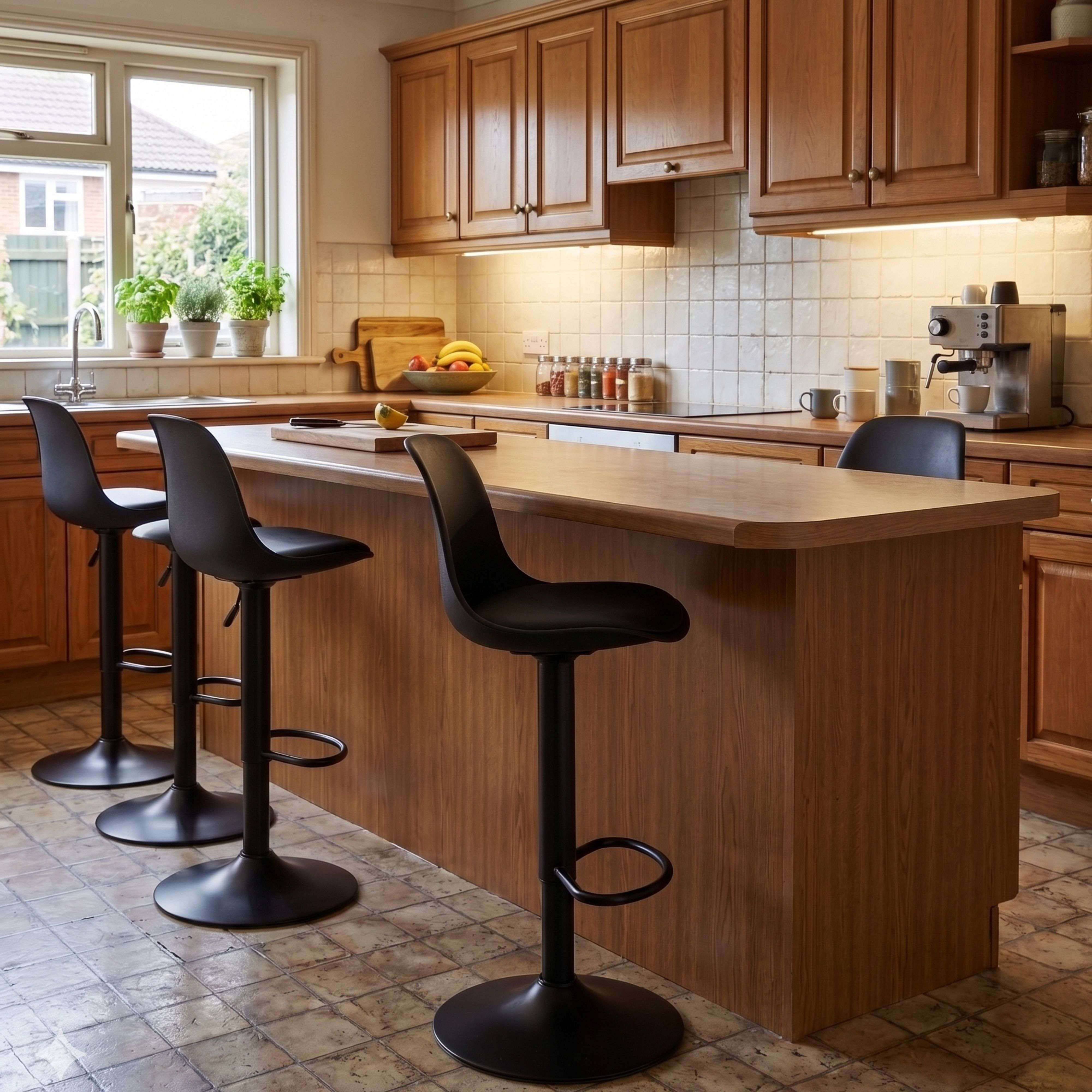 Isla de cocina de madera con taburetes, cafetera y frutero.