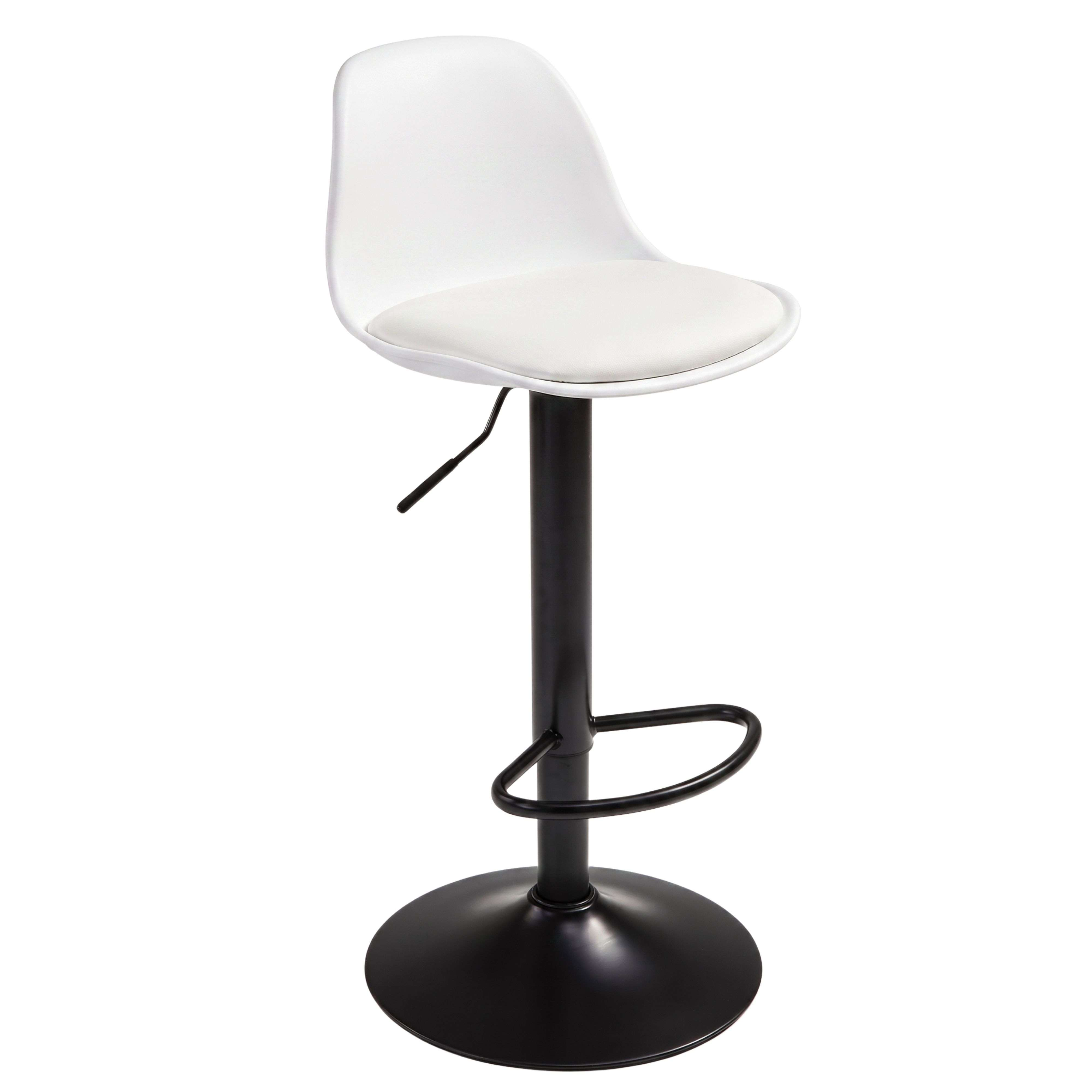 Un taburete de bar blanco con base de metal negro y altura ajustable.