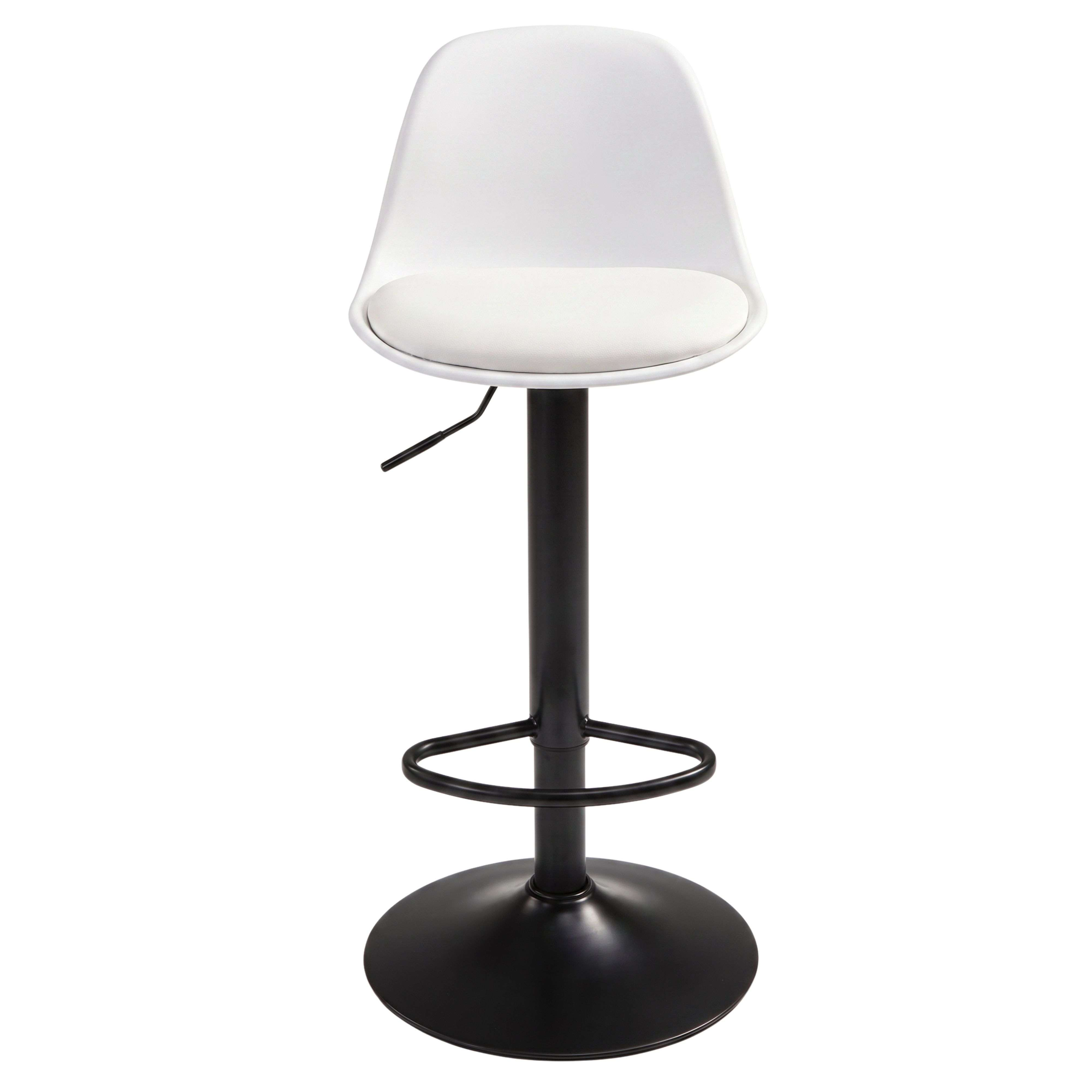 Taburete de bar blanco con base y palanca negros.