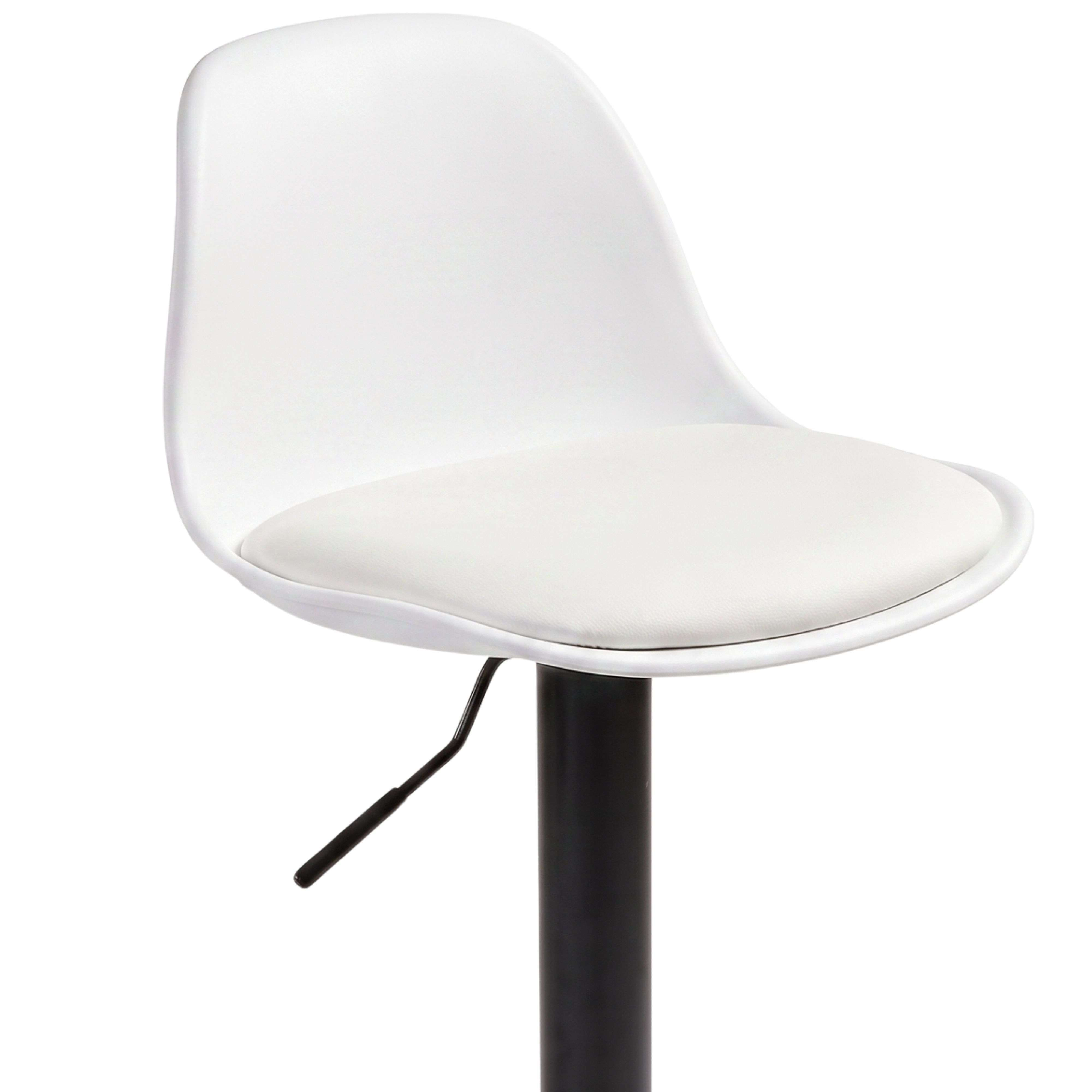 Un taburete de bar blanco con base de metal negro y palanca de ajuste.