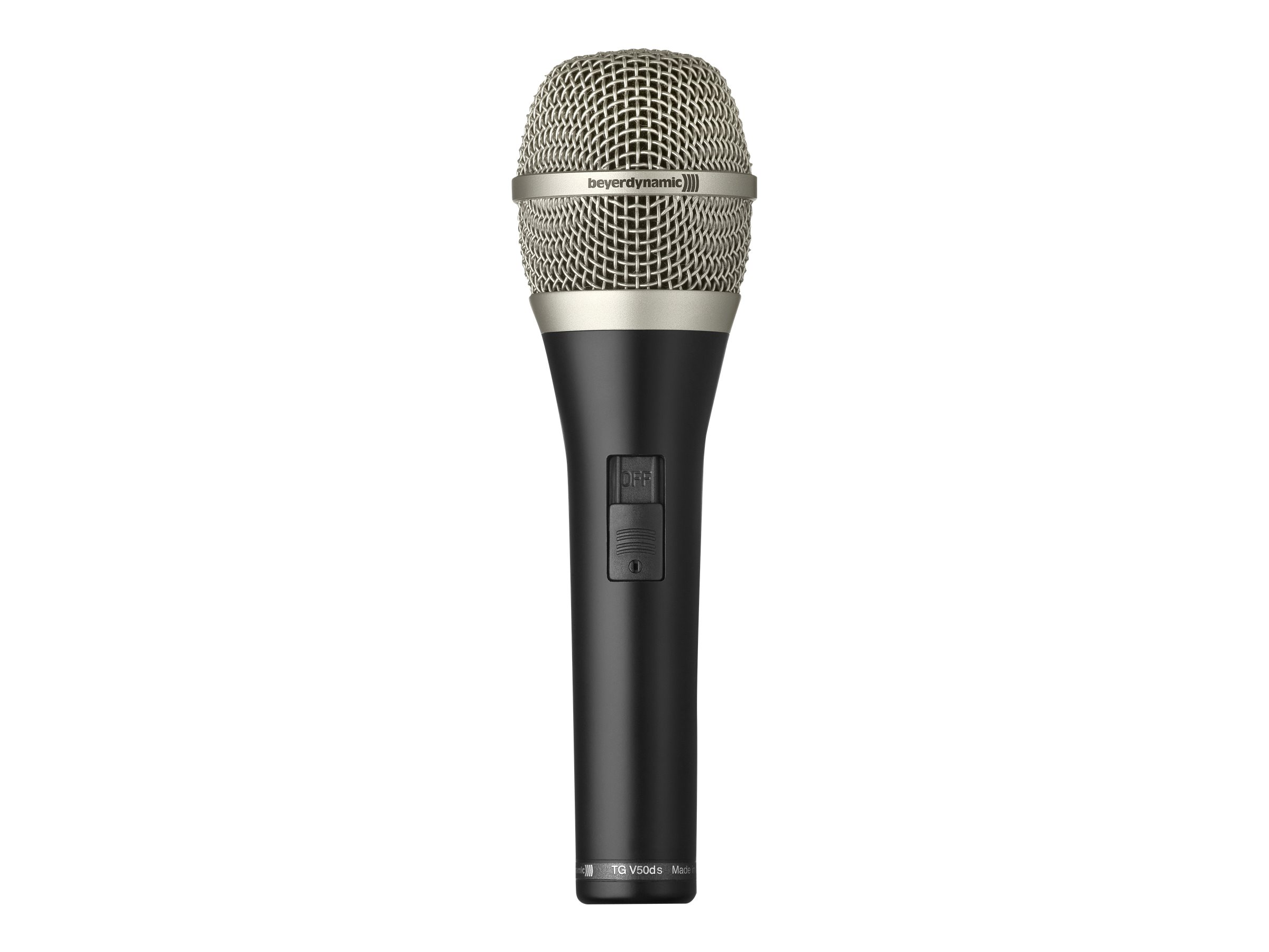 Czarny mikrofon Beyerdynamic TG V50ds z srebrną siatką i przełącznikiem.