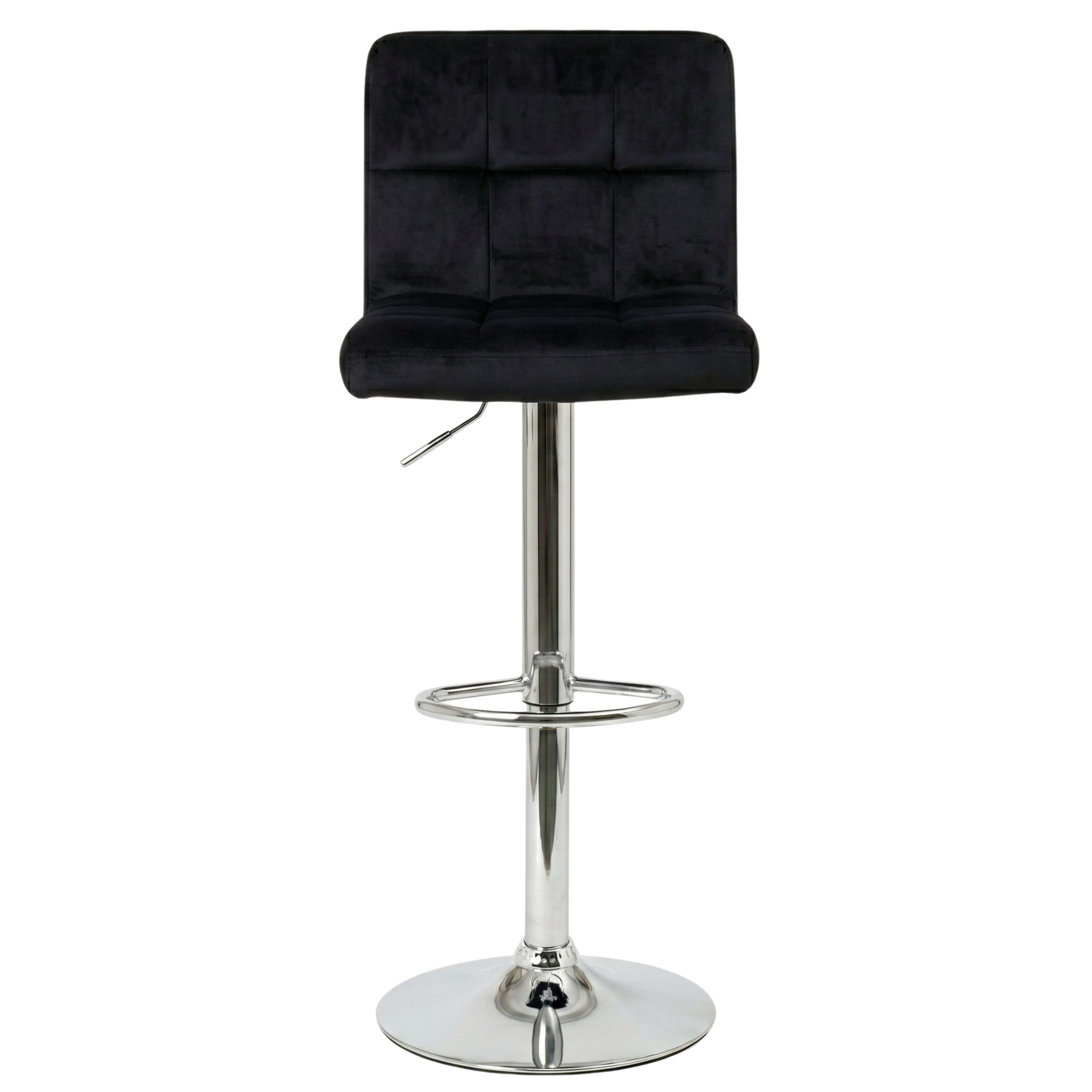 Un taburete de bar negro con base cromada y altura ajustable.
