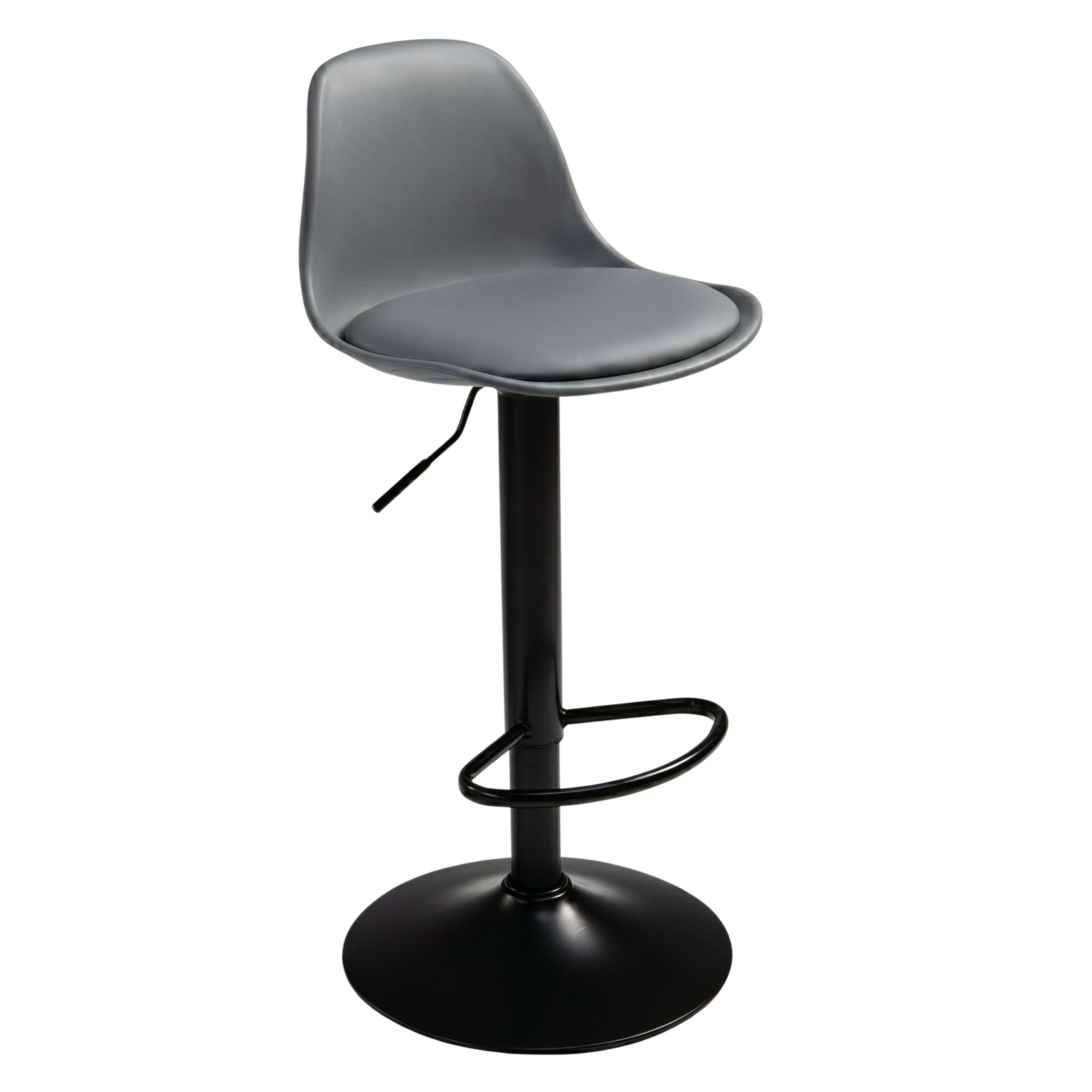 Un taburete de bar gris regulable en altura con base y reposapiés negros.