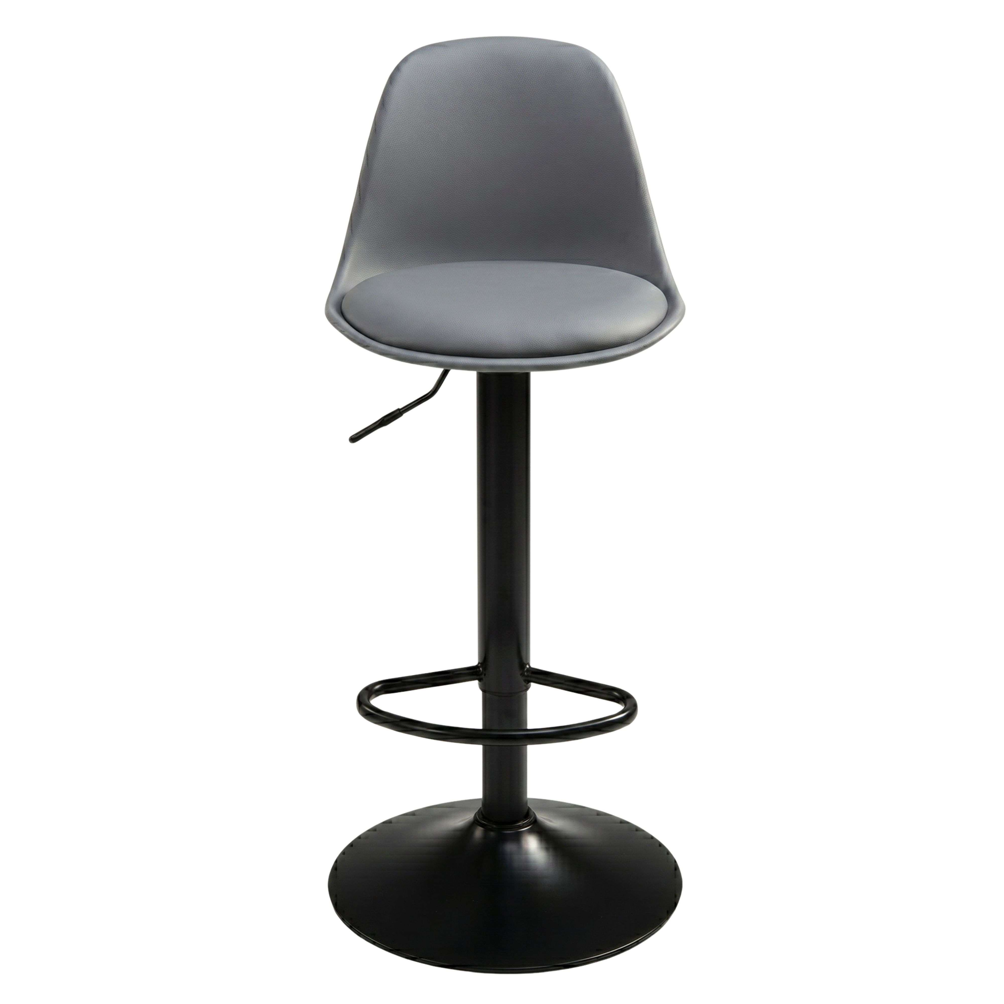Taburete de bar gris con base negra y palanca ajustable.