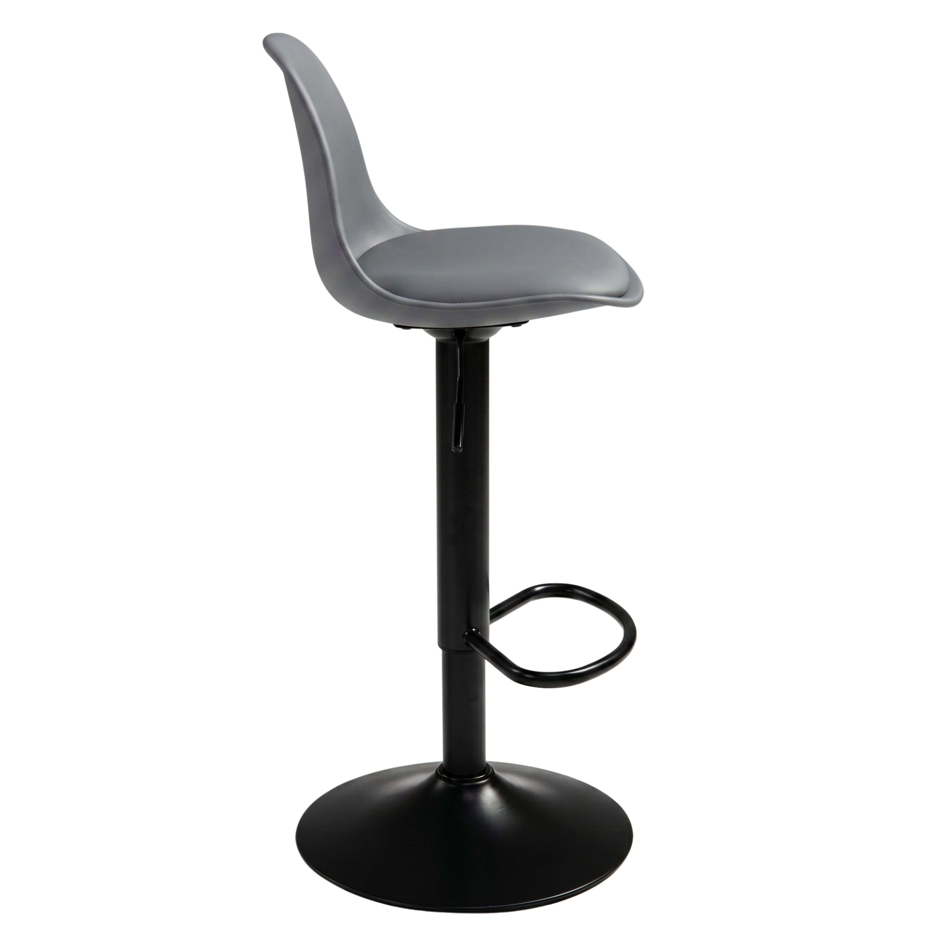 Taburete de bar gris con base y reposapiés negros.