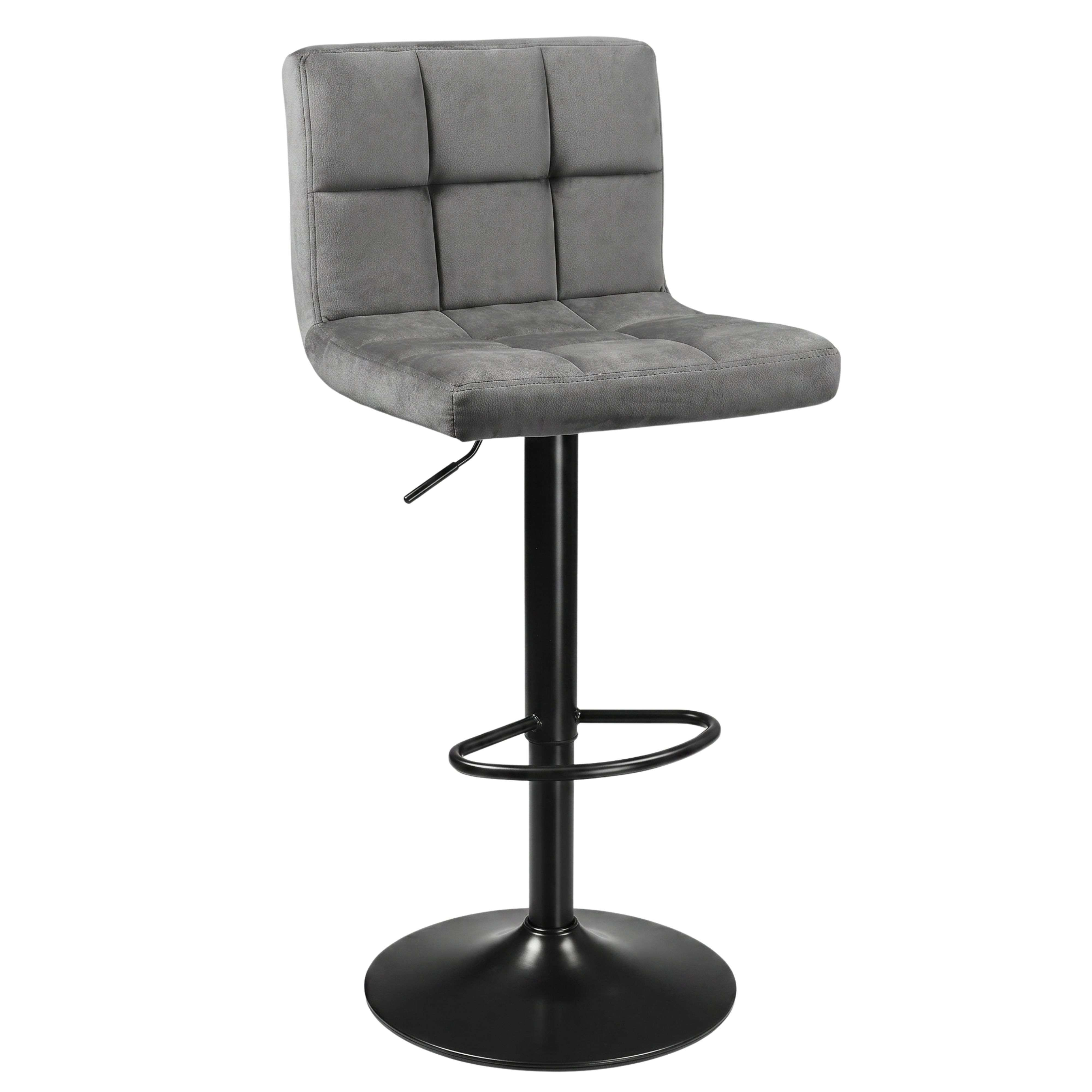 Taburete de bar gris con asiento acolchado cuadrado y base de metal negro.