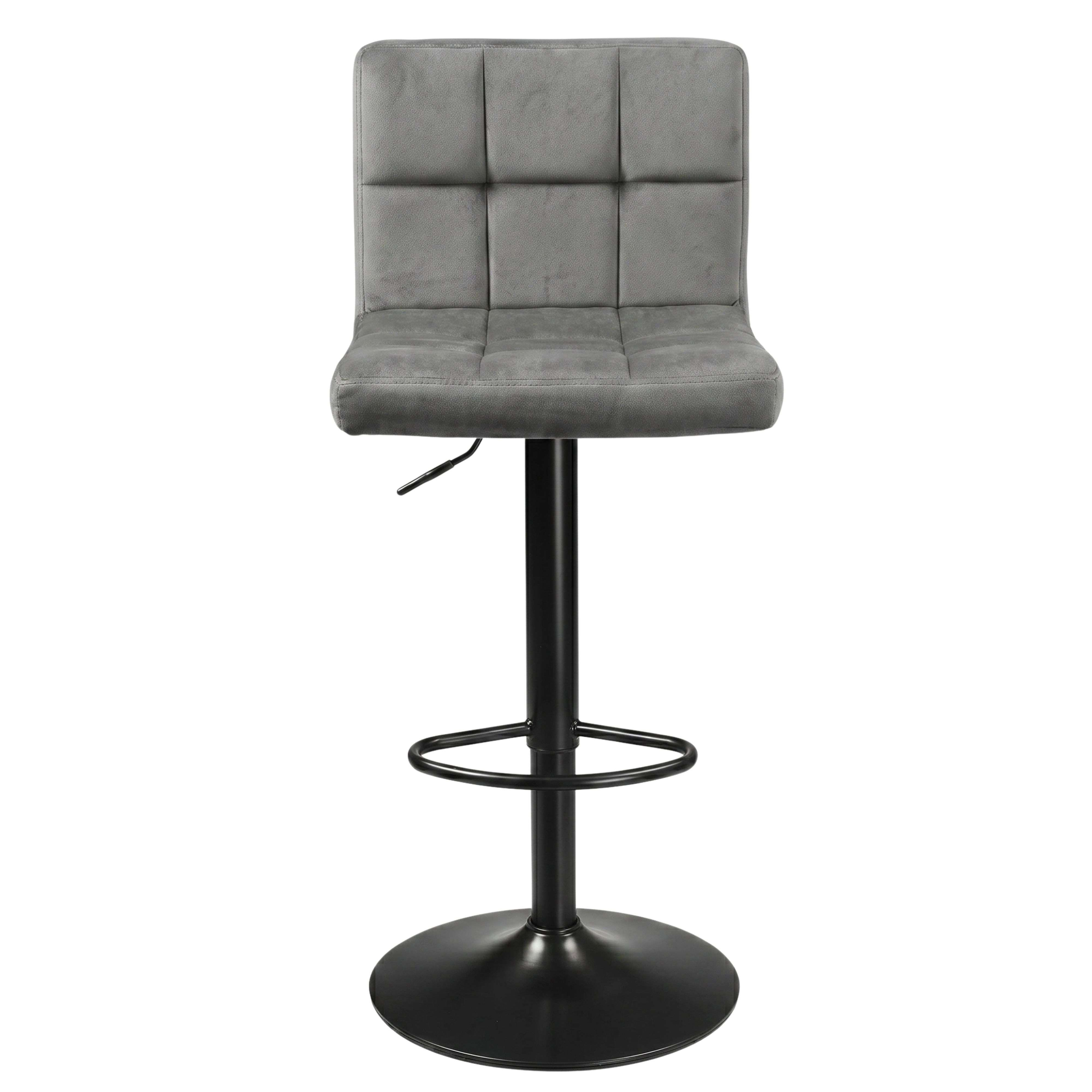 Taburete de bar gris con asiento acolchado cuadrado y base de metal negro.