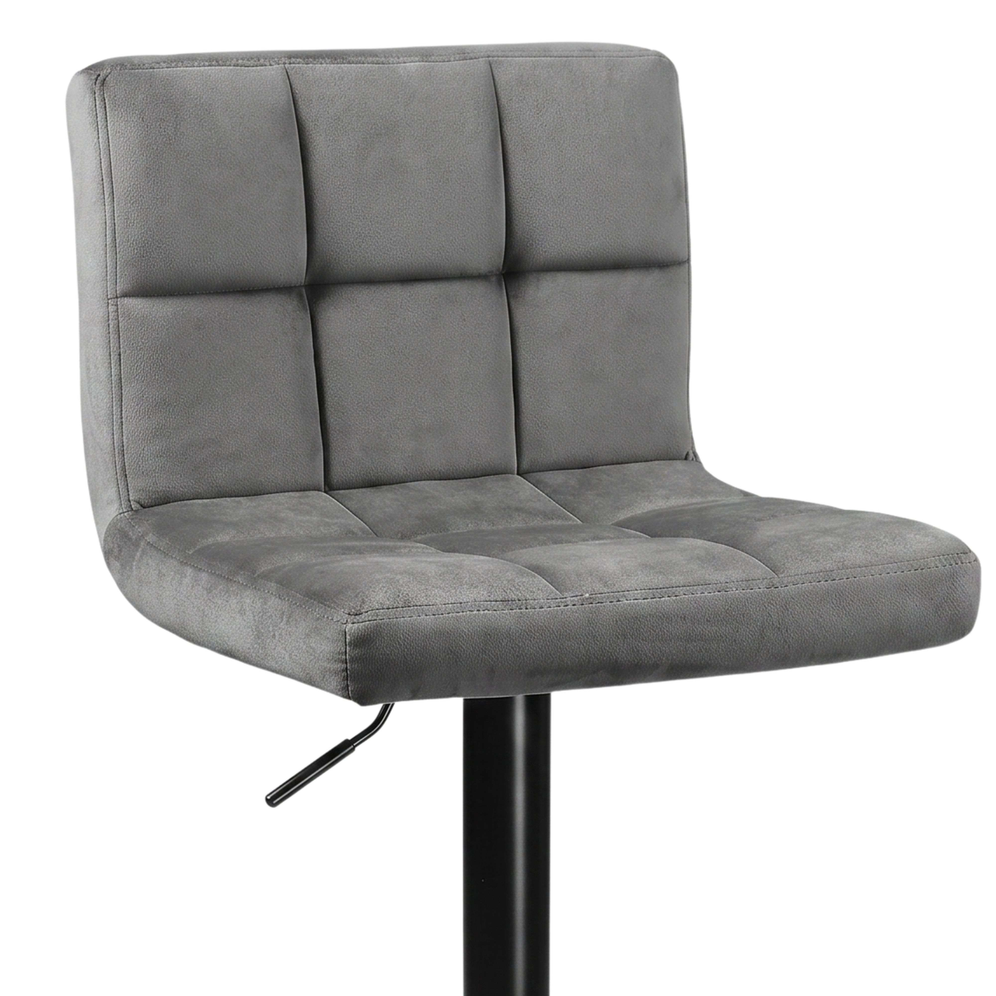 Taburete de bar gris con asiento y respaldo capitoné sobre base negra.