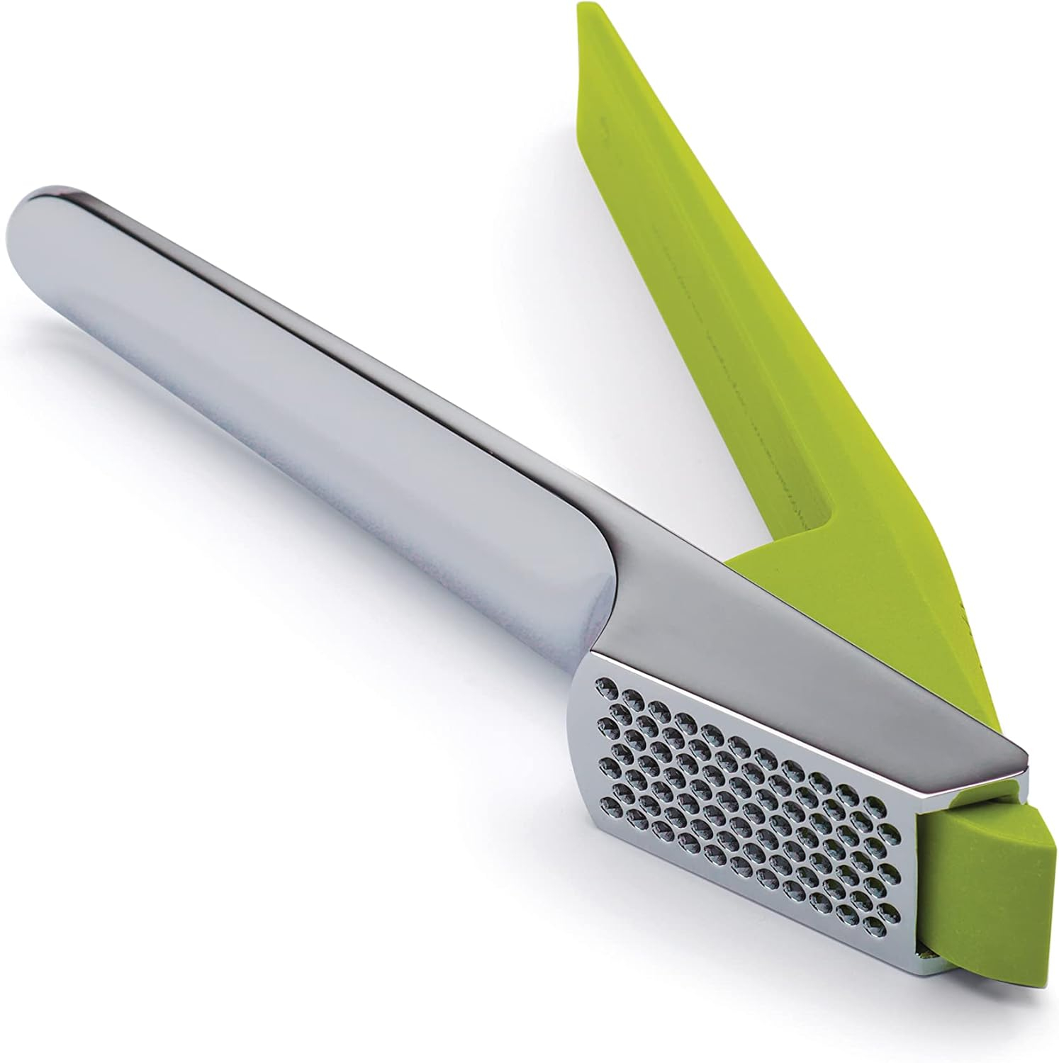 Uno spremiaglio argentato con manico verde, su sfondo bianco.