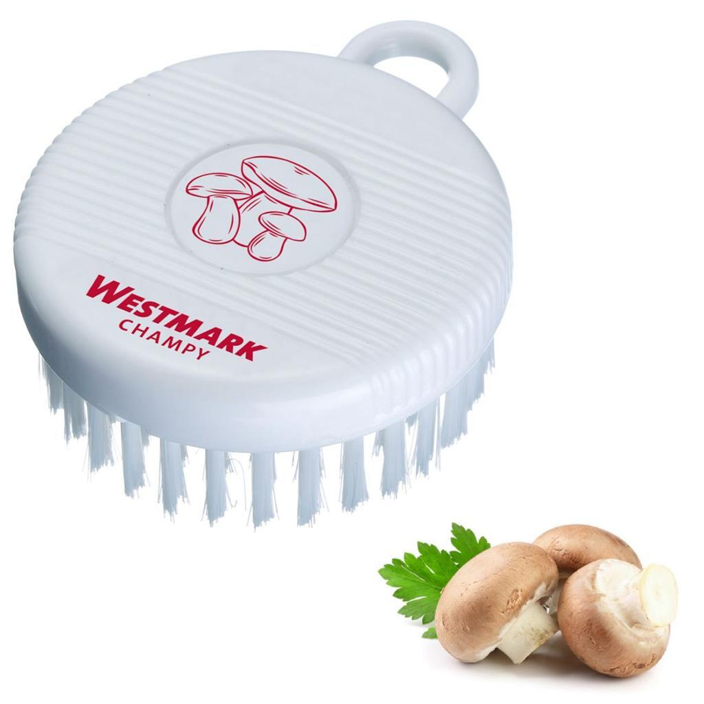Spazzola bianca per funghi con logo fungo rosso e scritta Westmark. Tre funghi accanto.