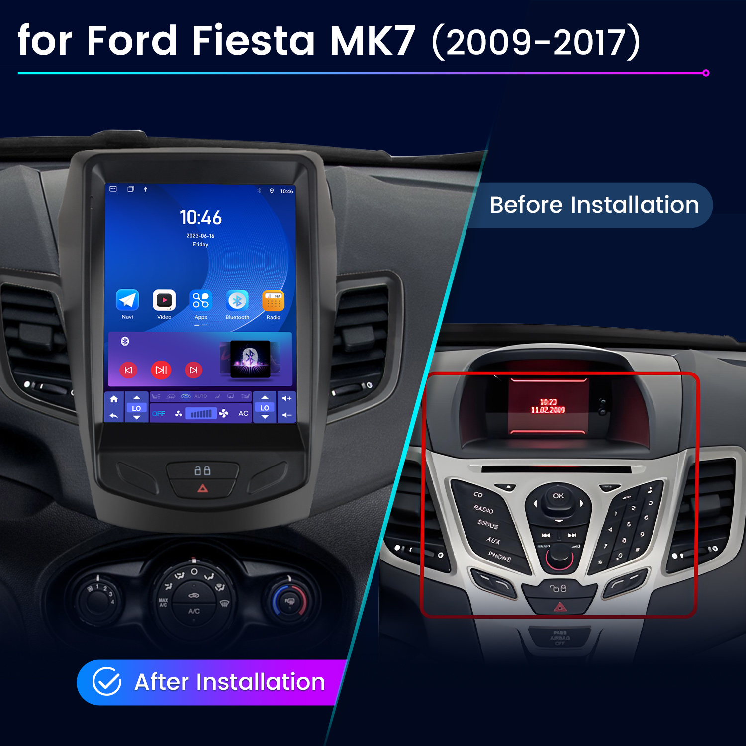 Deska rozdzielcza Ford Fiesta MK7: Przed i po instalacji nowego ekranu.