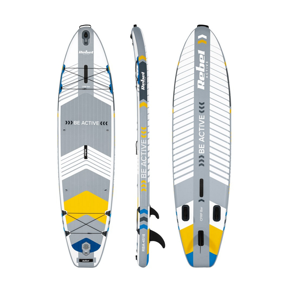 Deska do paddleboardingu w kolorach szarym, białym, żółtym i niebieskim z uchwytami.