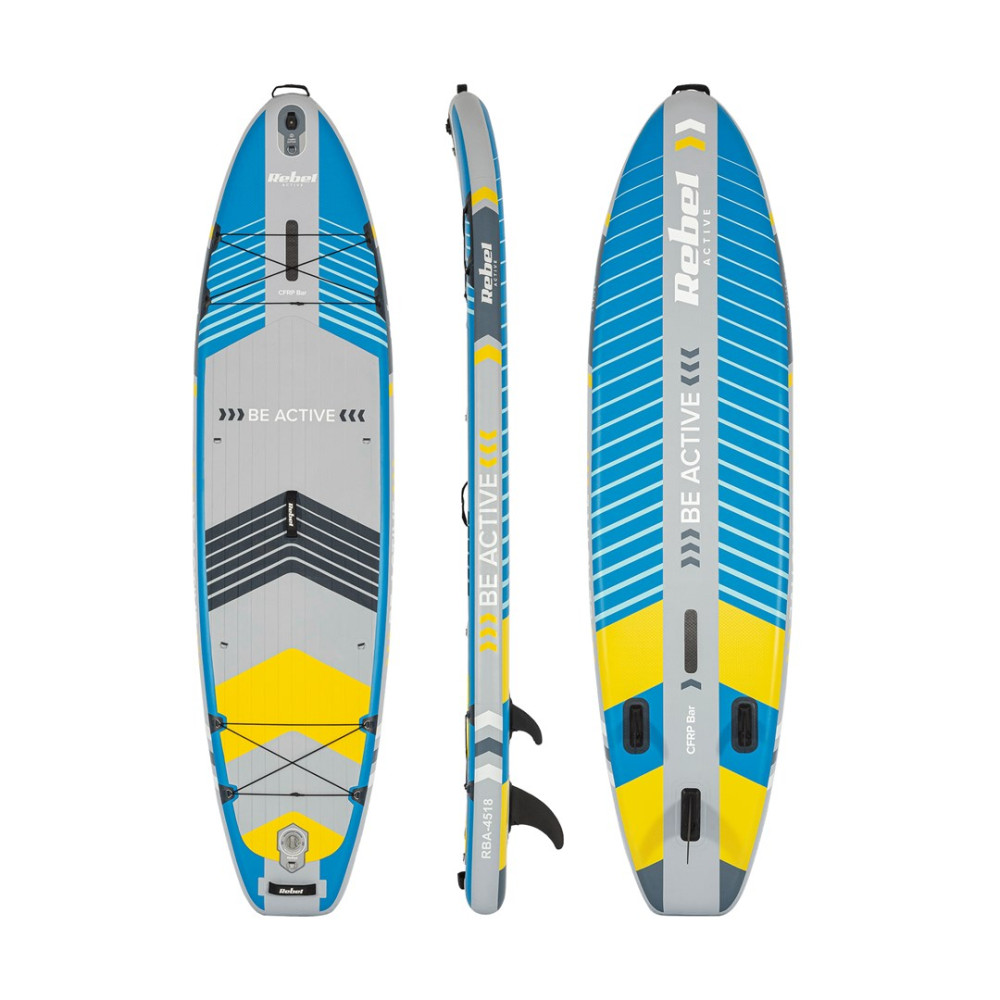 Una tavola da paddle gonfiabile blu, gialla e grigia con 