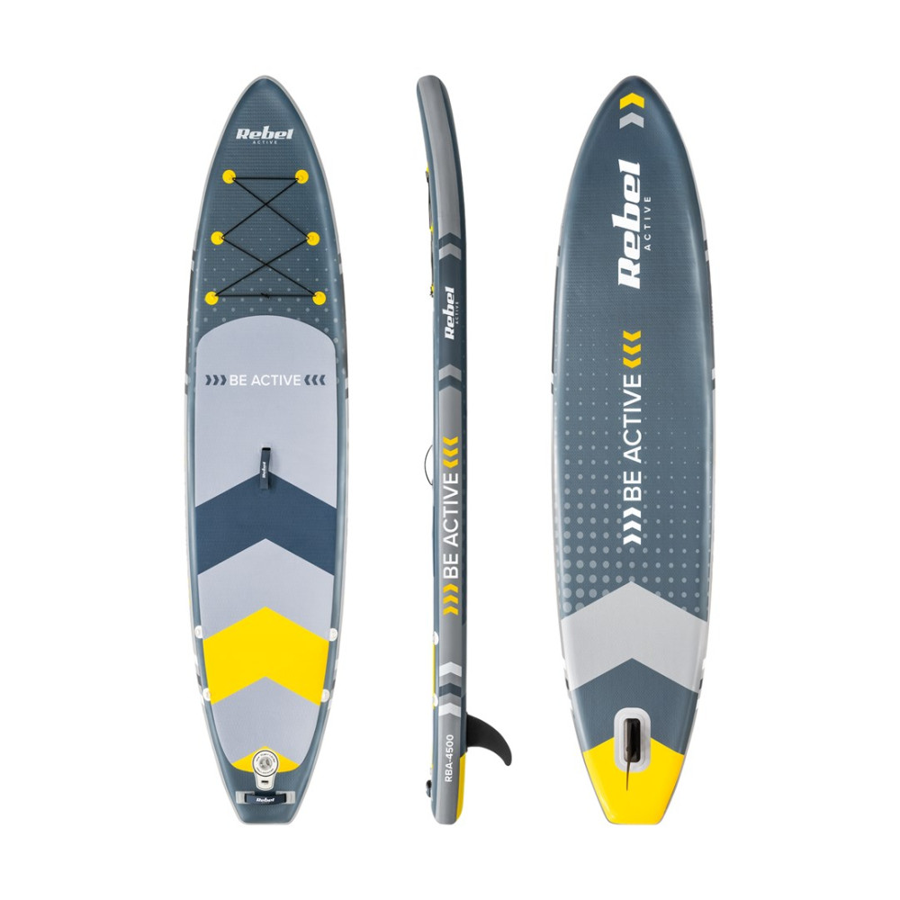 Tabla SUP inflable en gris, azul y amarillo con cordones y texto.