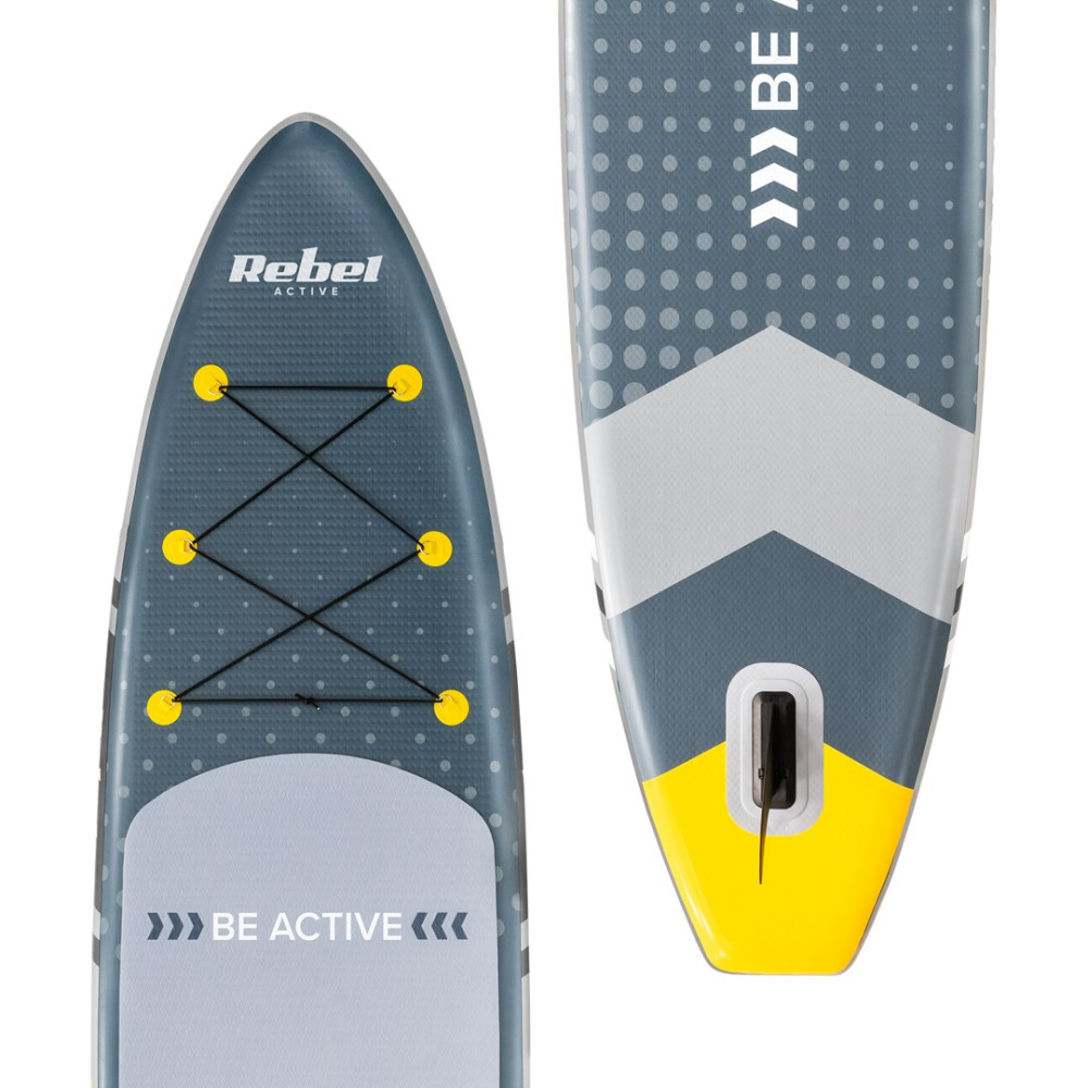 Dos tablas de paddle surf hinchables en gris con detalles amarillos y blancos.
