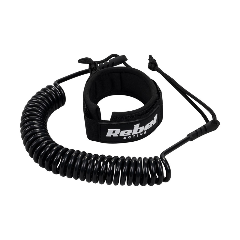 Leash de surf negra con correa de velcro y logo "Rebel ACTIVE".