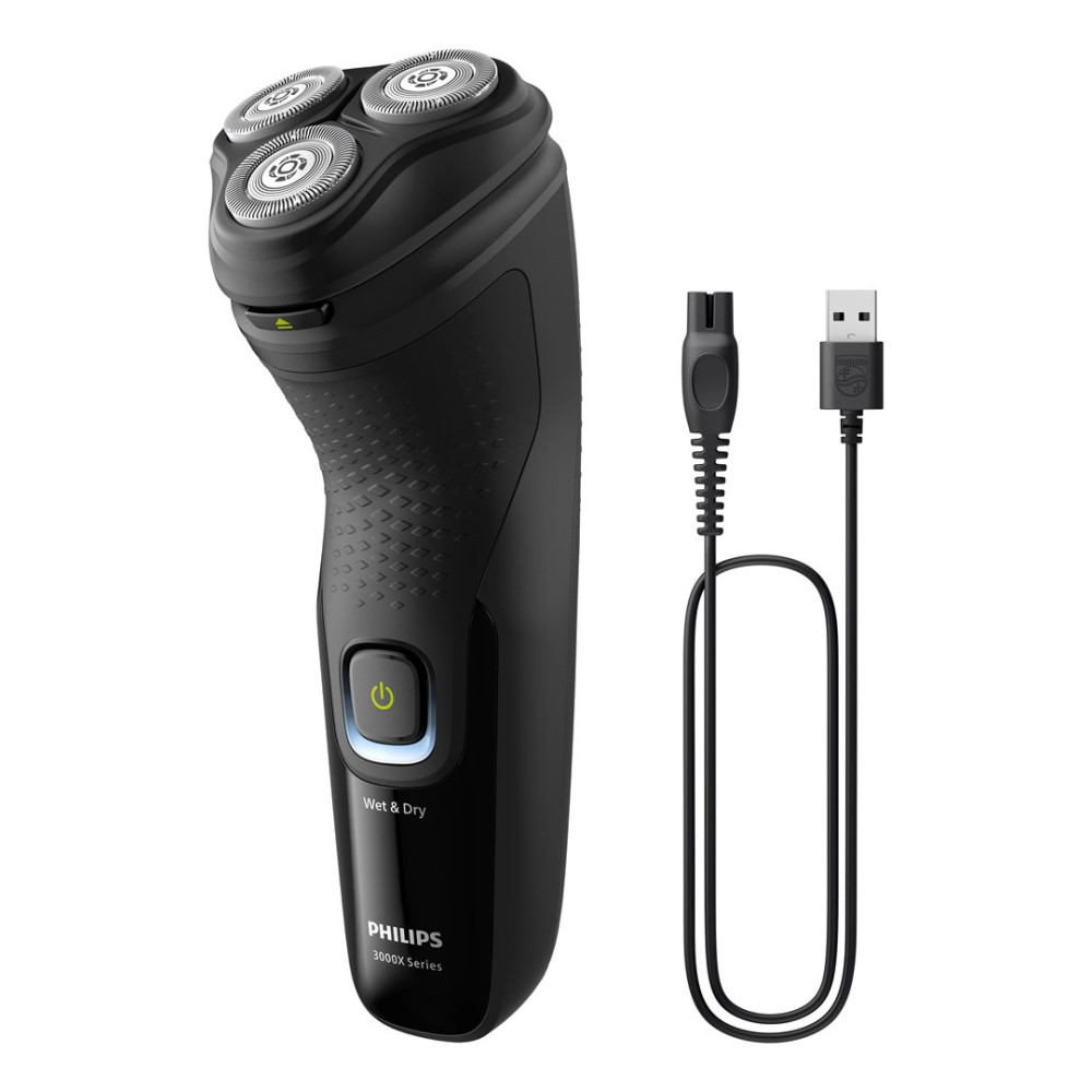 Czarna, wodoodporna golarka Philips serii 3000X z kablem USB do ładowania.