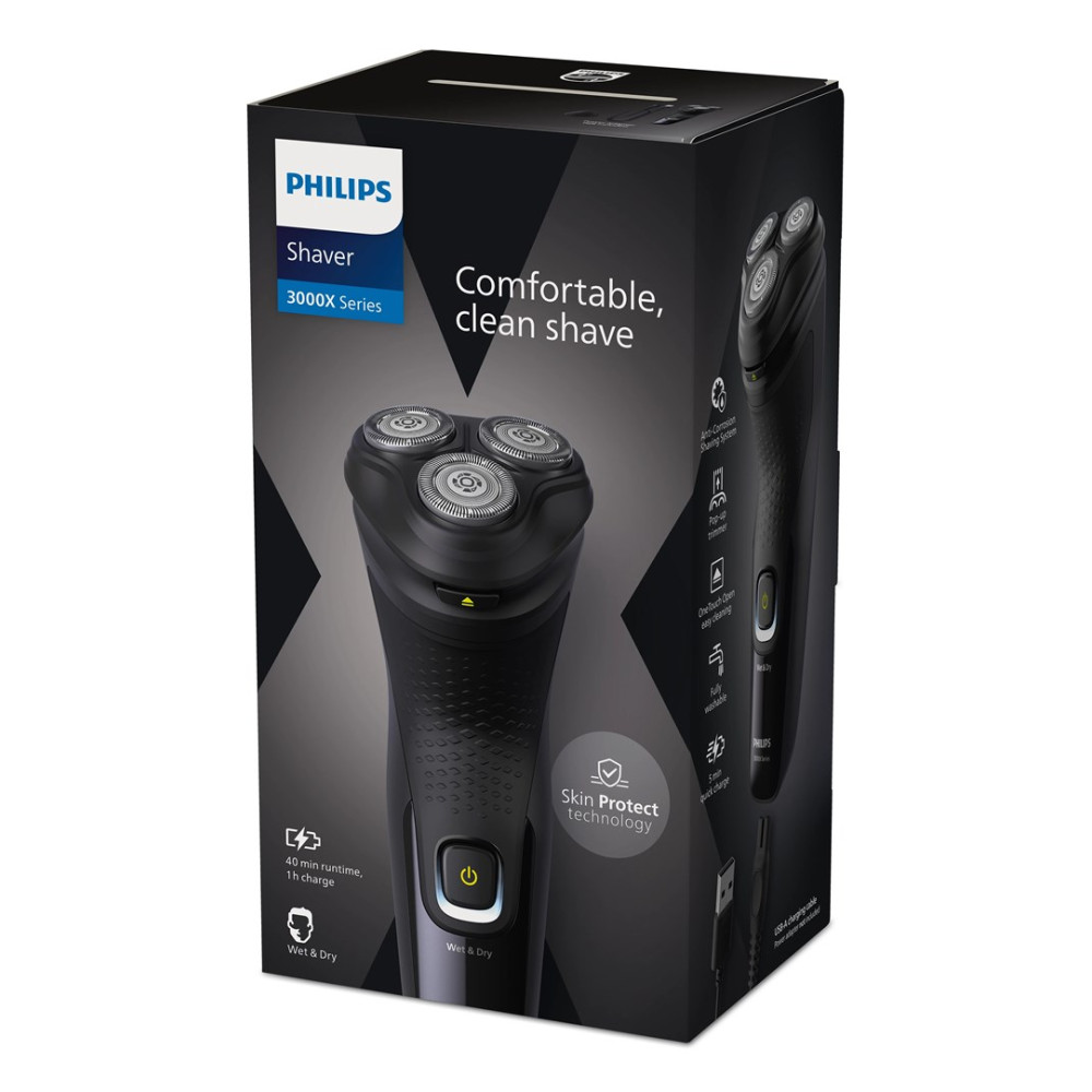 Golarka Philips Seria 3000X na czarnym opakowaniu, z tekstem.