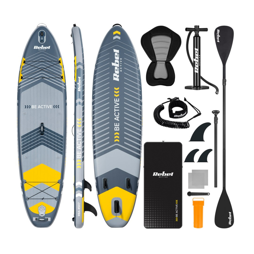 Nadmuchiwany zestaw desek do paddleboardingu w kolorze szarym, żółtym i czarnym z akcesoriami.