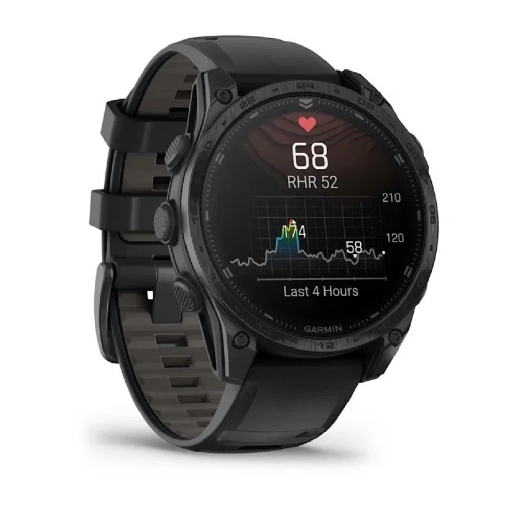 Czarny smartwatch Garmin z wyświetlaczem tętna i wykresem.