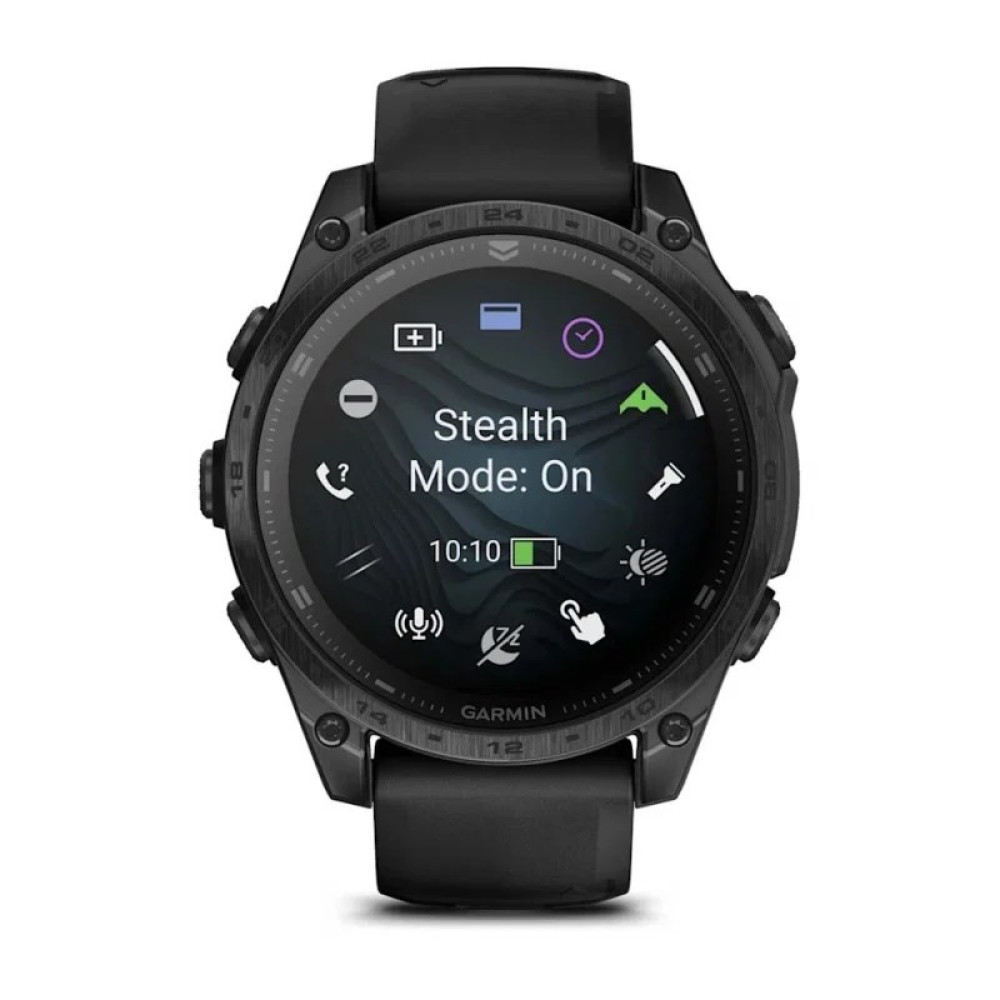 Czarny zegarek Garmin pokazuje Tryb Stealth: Włączony z godziną 10:10 i baterią.