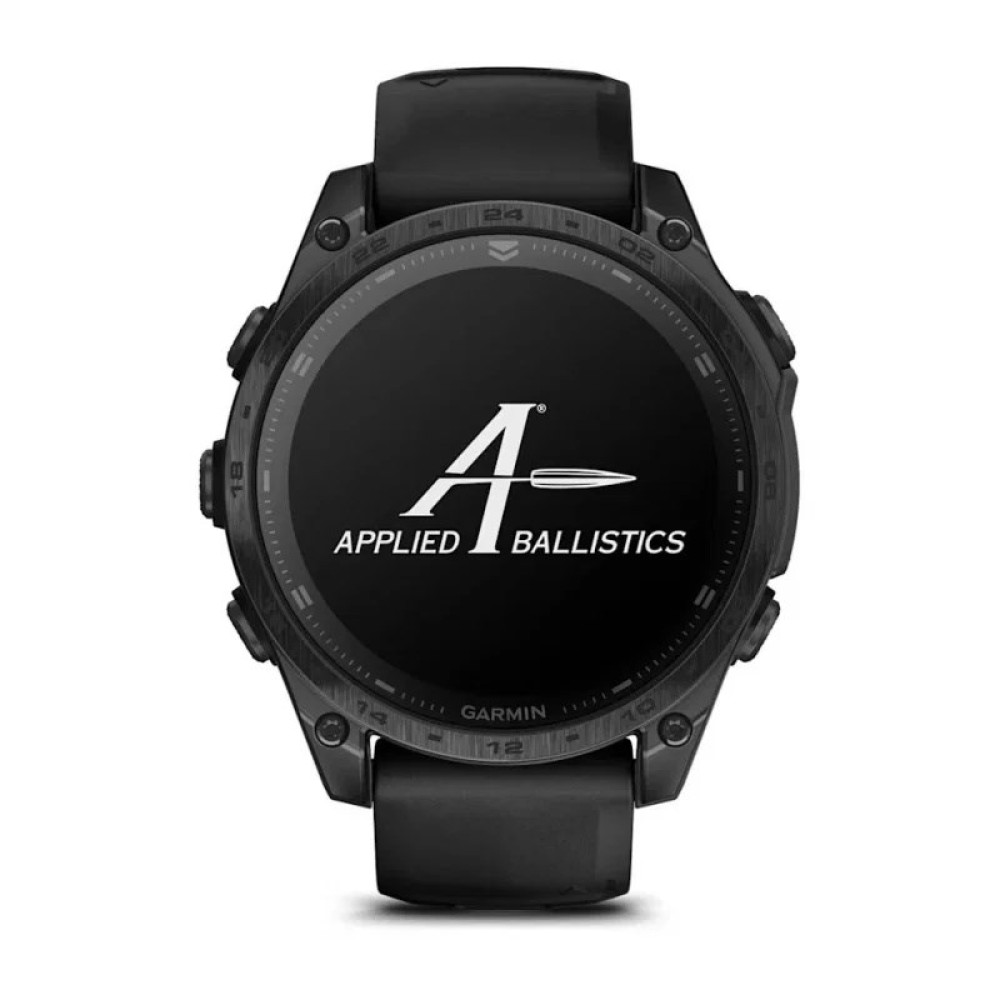 Czarny smartwatch z logo Applied Ballistics na ekranie.
