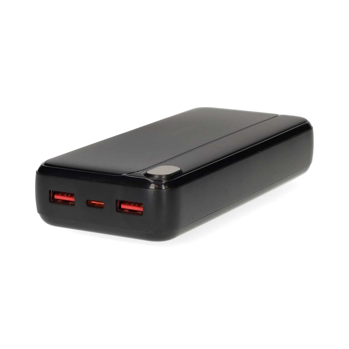 Black power bank with two USB ports and a round button.