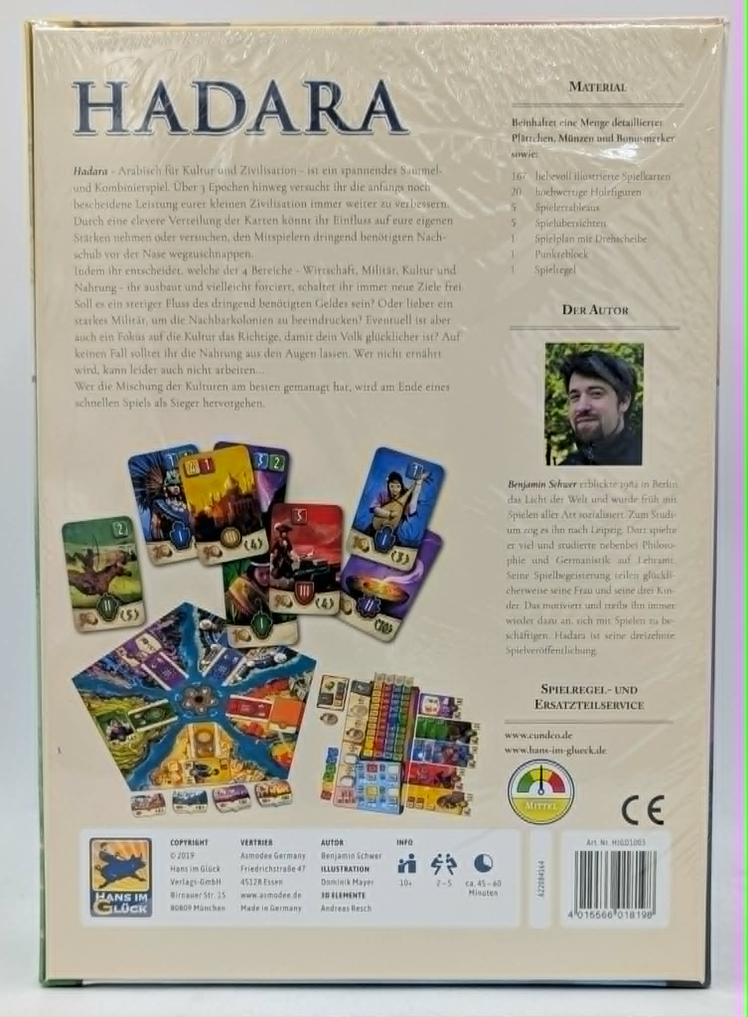 Spielbox Rückseite für 'Hadara' mit Spielmaterial, Autor und Spielübersicht.