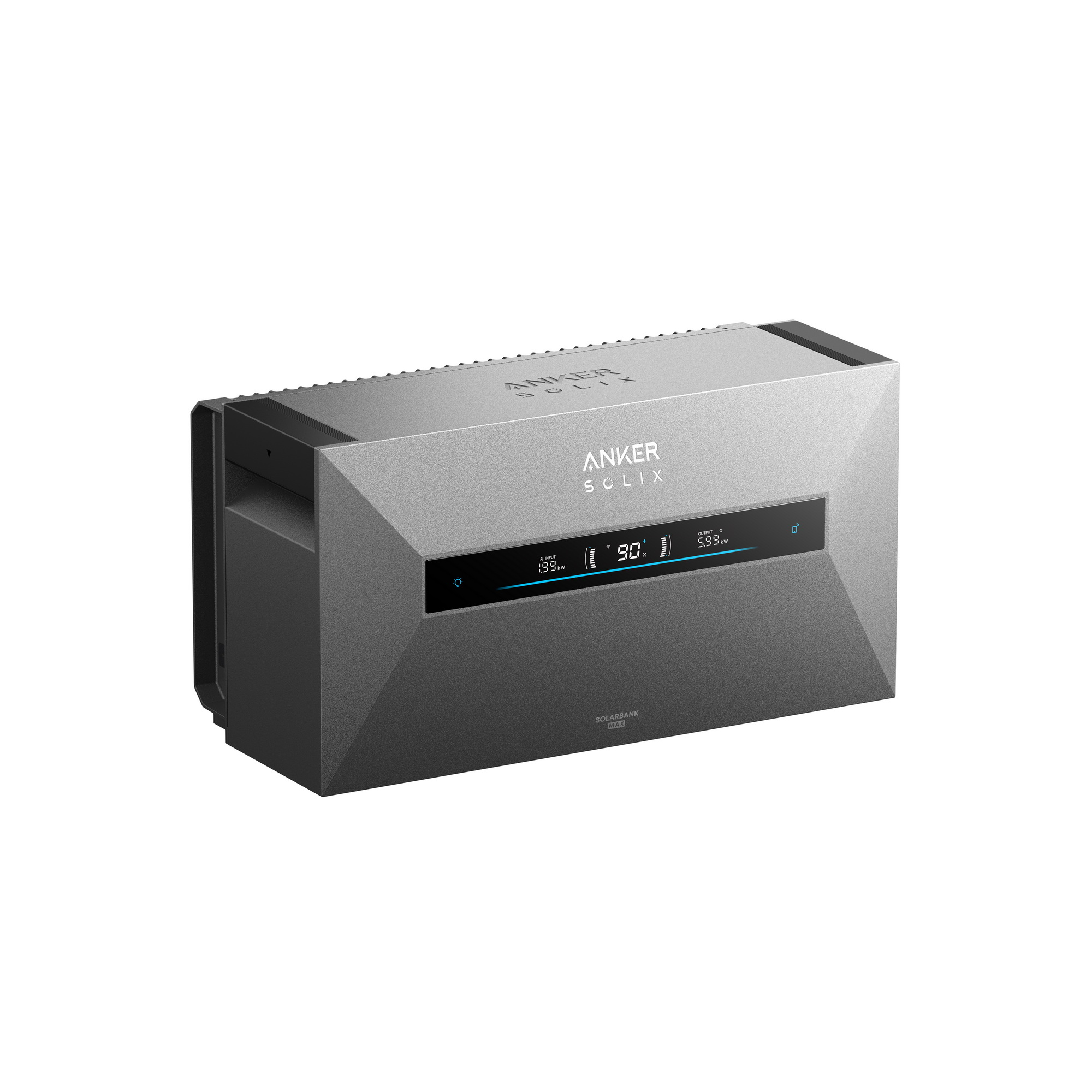 Anker Solix Solarbank Max grigia con display digitale e fessure di ventilazione.