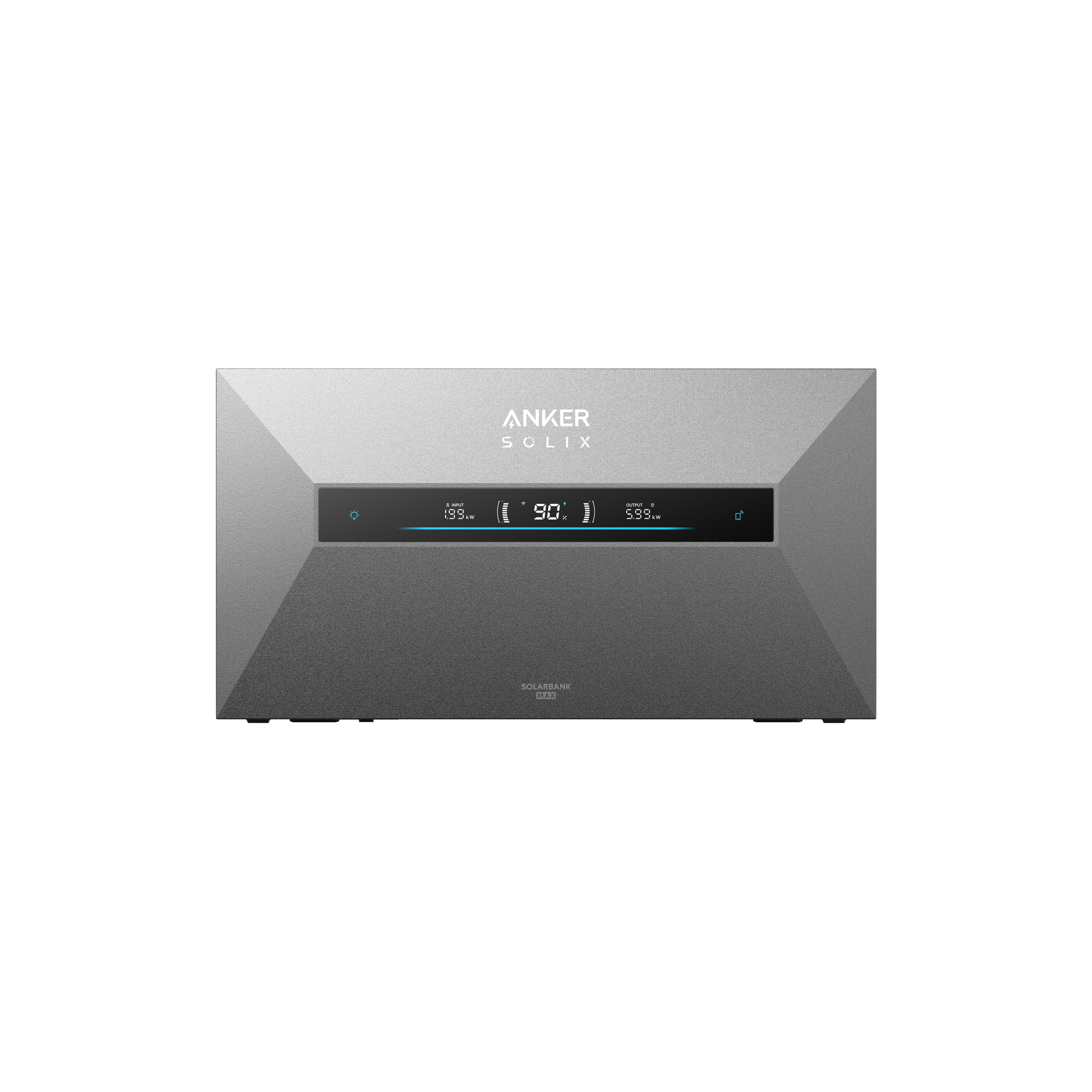 Pannello solare Anker Solix Max grigio con display digitali per potenza in ingresso e uscita.