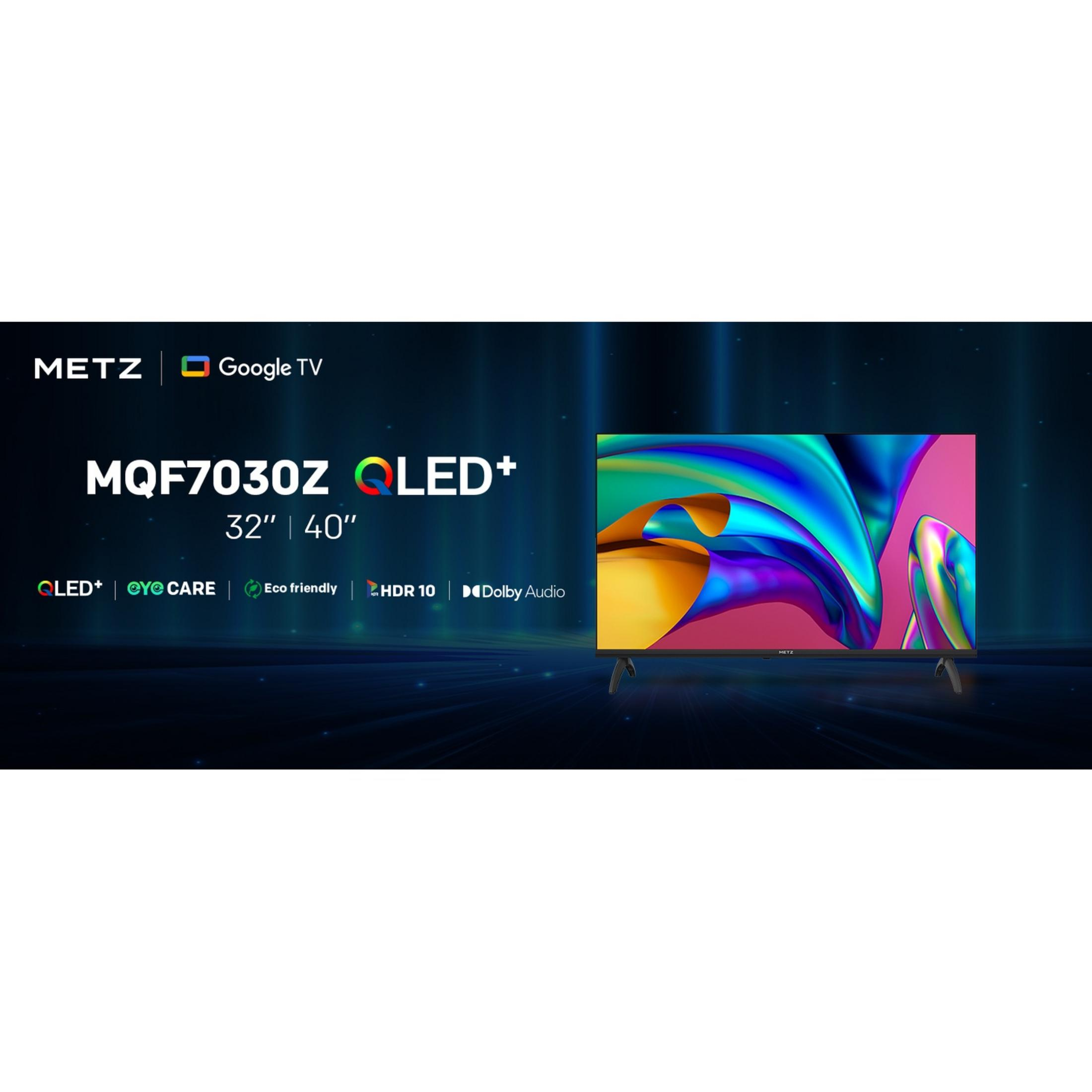 Se muestra un moderno Google TV METZ QLED+ con colores vibrantes.