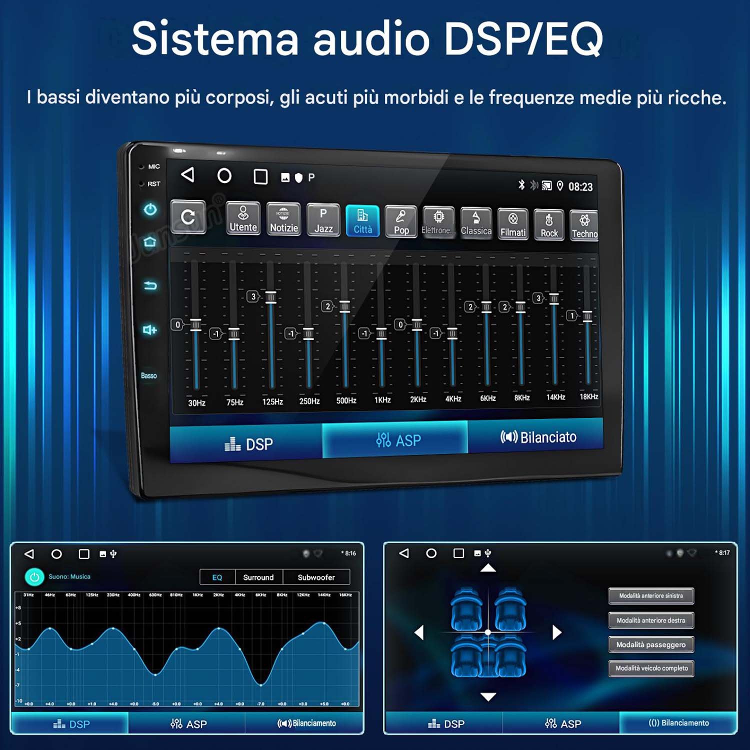 Schermo autoradio che mostra impostazioni DSP/EQ con barre equalizzatore e opzioni.