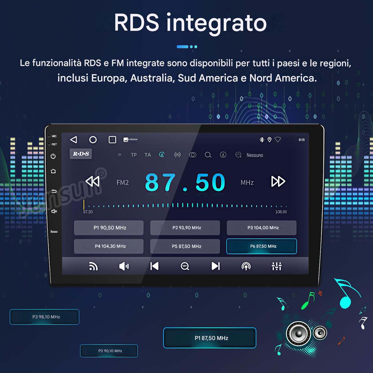 Display autoradio con integrazione RDS mostra 87,50 MHz FM2 e preimpostazioni.