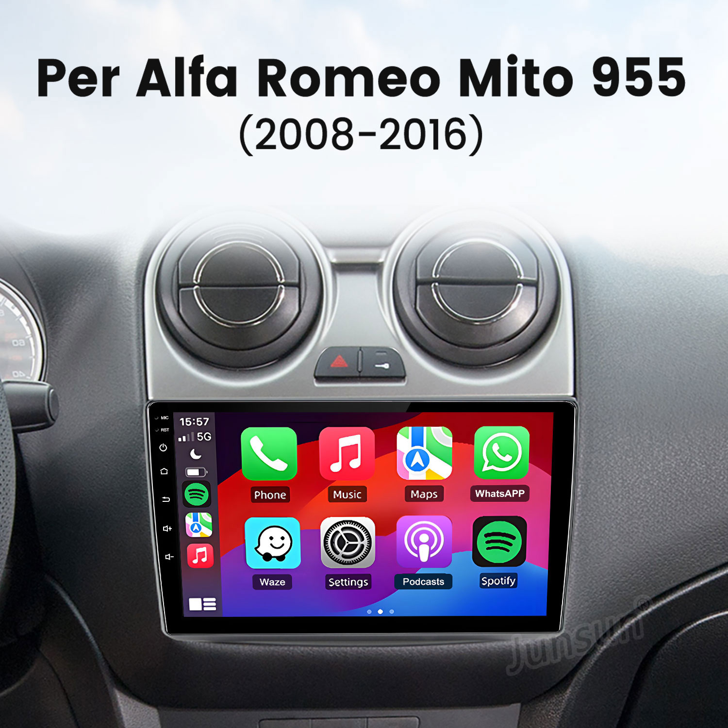 Schermo infotainment per Alfa Romeo Mito 955 con icone app.