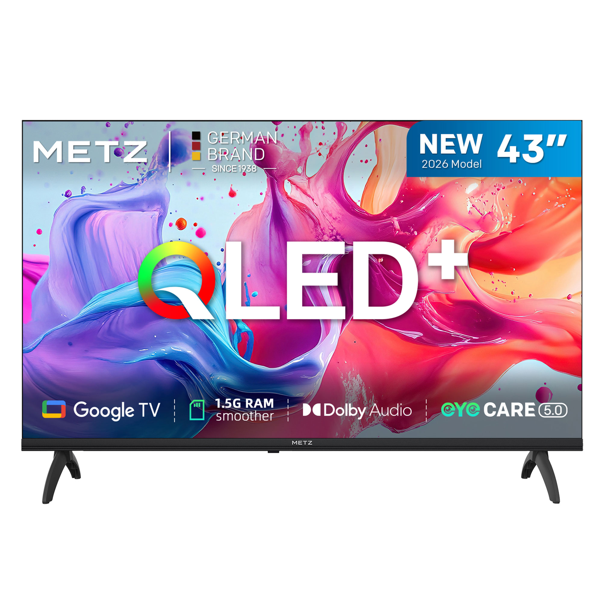 Un televisor Metz QLED de 43 pulgadas con Google TV, 1.5G RAM y Dolby Audio.