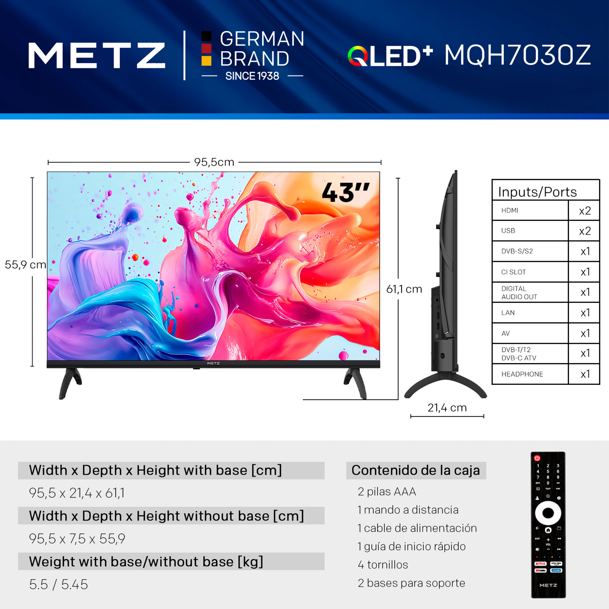 Un televisor QLED METZ de 43" mostrando dimensiones, puertos y mando.