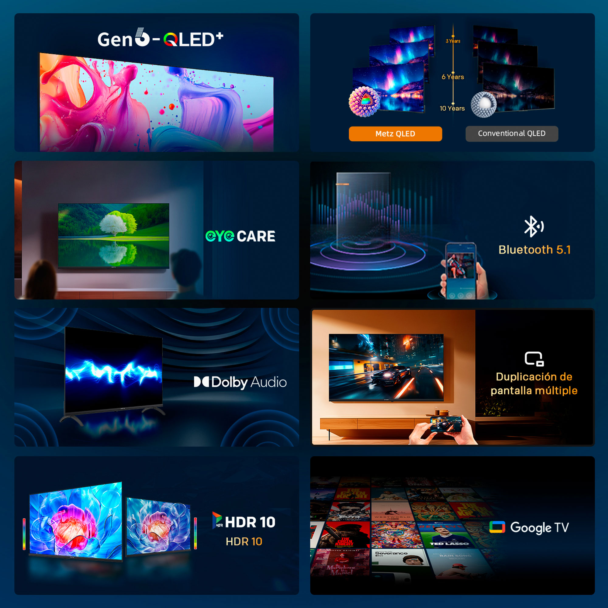 Pantalla con formas abstractas coloridas y el logo "Gen 6-QLED+".
