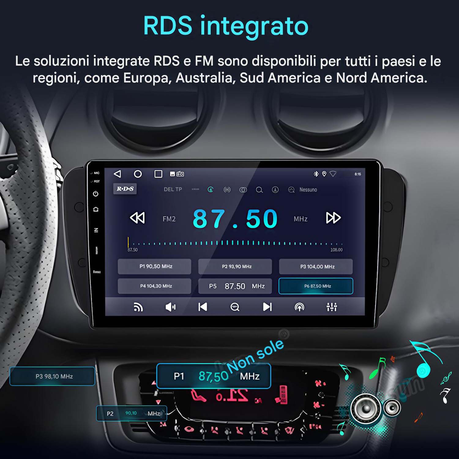 L'immagine mostra il display di un'autoradio con funzioni RDS e FM. Il display principale mostra 87,50 MHz.